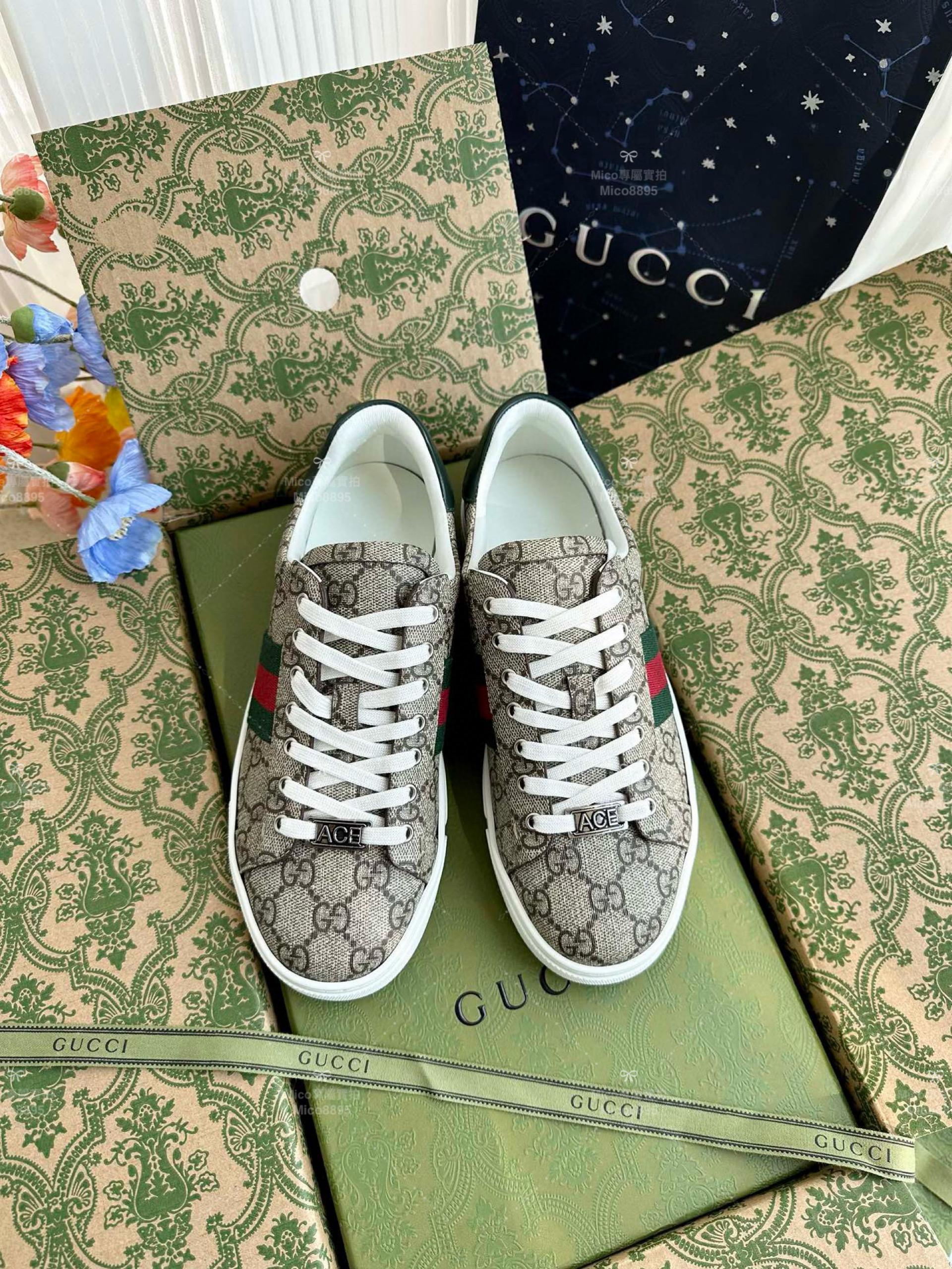 GUCCI ACE系列 卡其老花 配色小白鞋 休閒鞋 情侶款/男鞋/女鞋/SIZE：女款35-40 男款39-45  