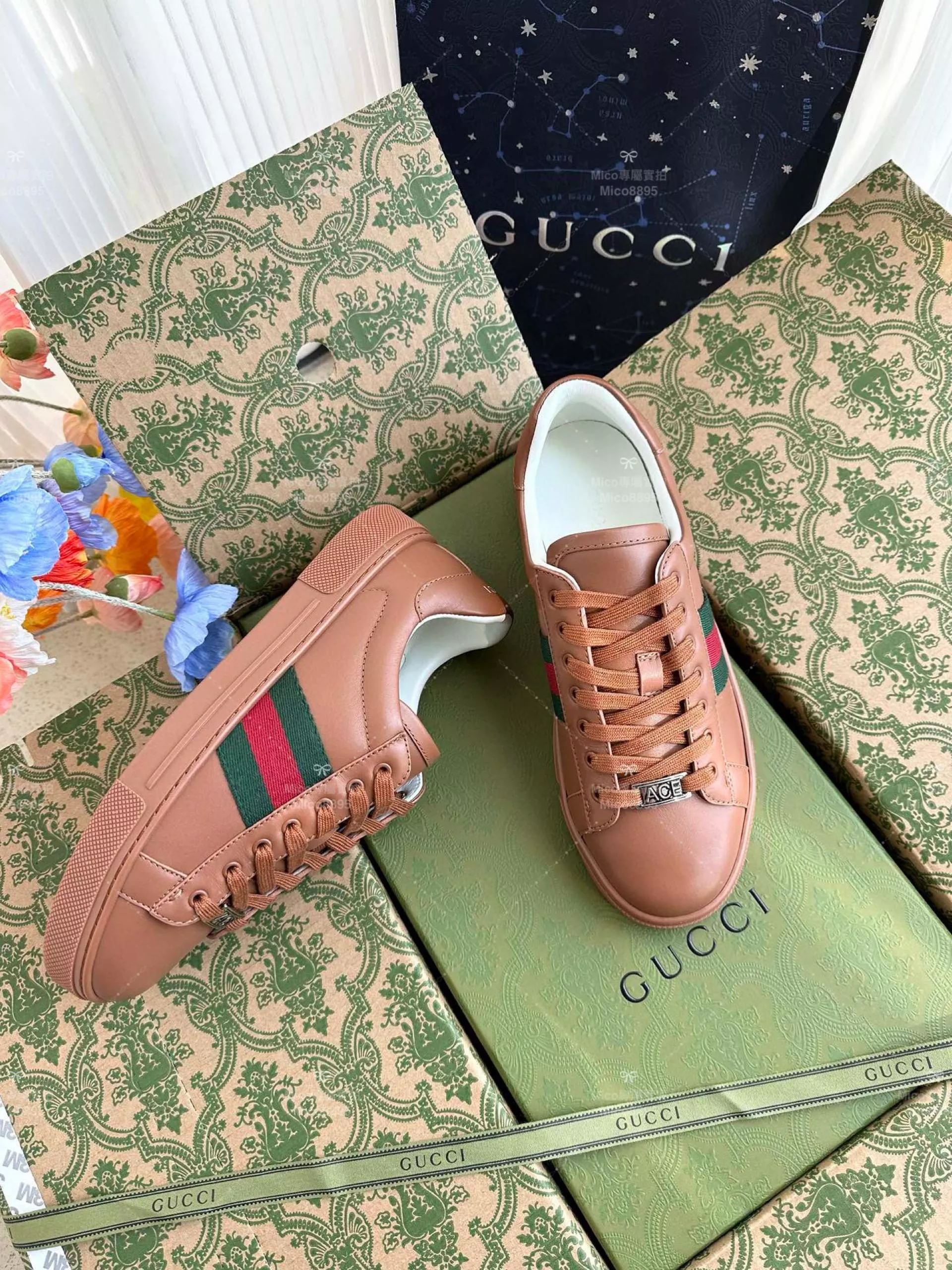 GUCCI ACE系列 全皮棕色 休閒鞋 情侶款/男鞋/女鞋/SIZE：女款35-40 男款39-45  