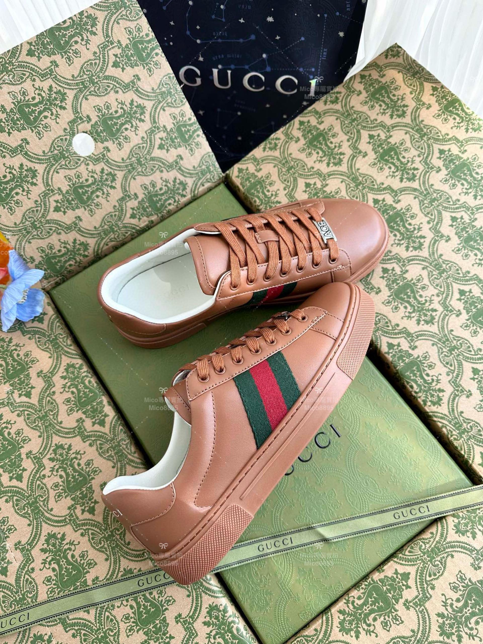 GUCCI ACE系列 全皮棕色 休閒鞋 情侶款/男鞋/女鞋/SIZE：女款35-40 男款39-45  