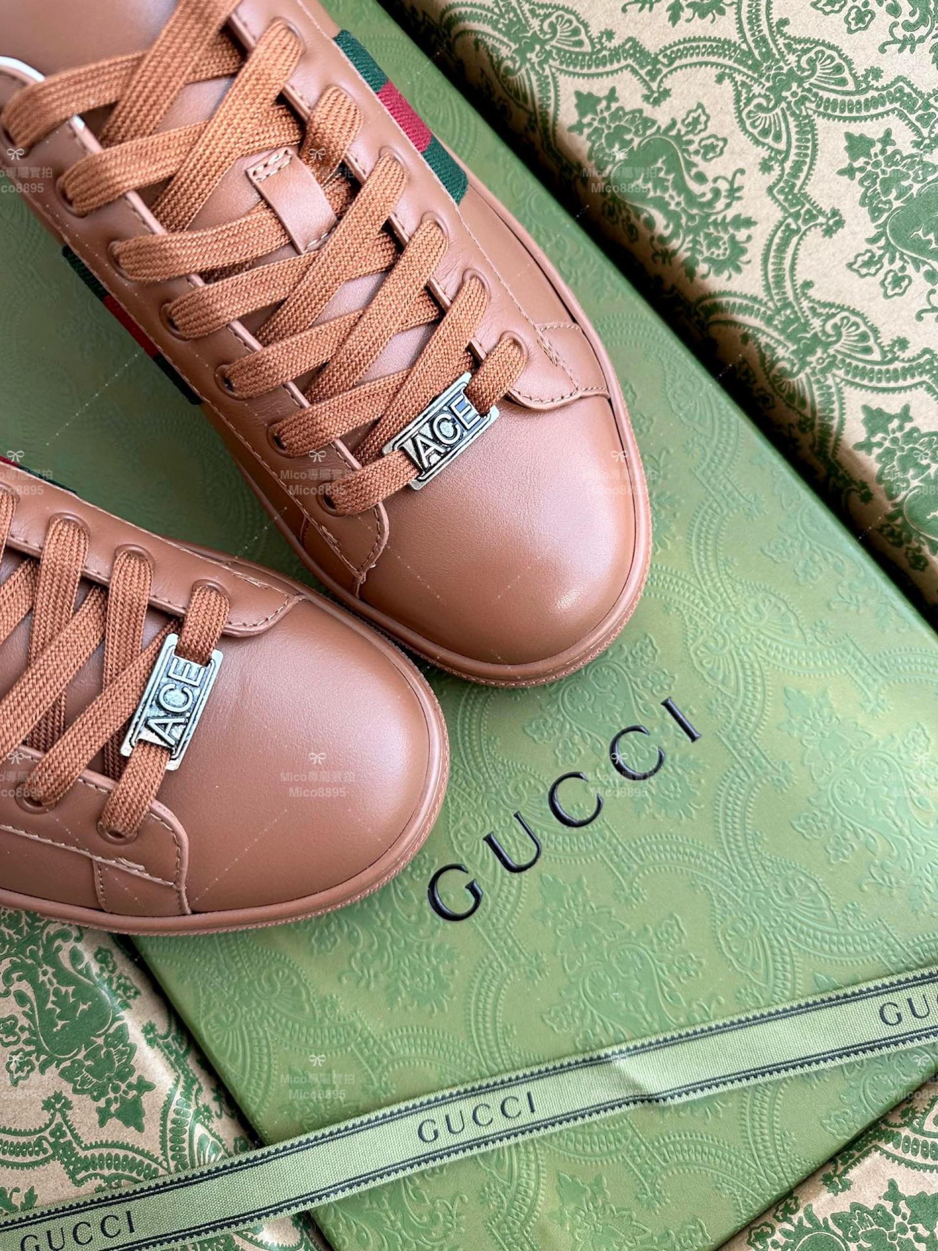 GUCCI ACE系列 全皮棕色 休閒鞋 情侶款/男鞋/女鞋/SIZE：女款35-40 男款39-45  