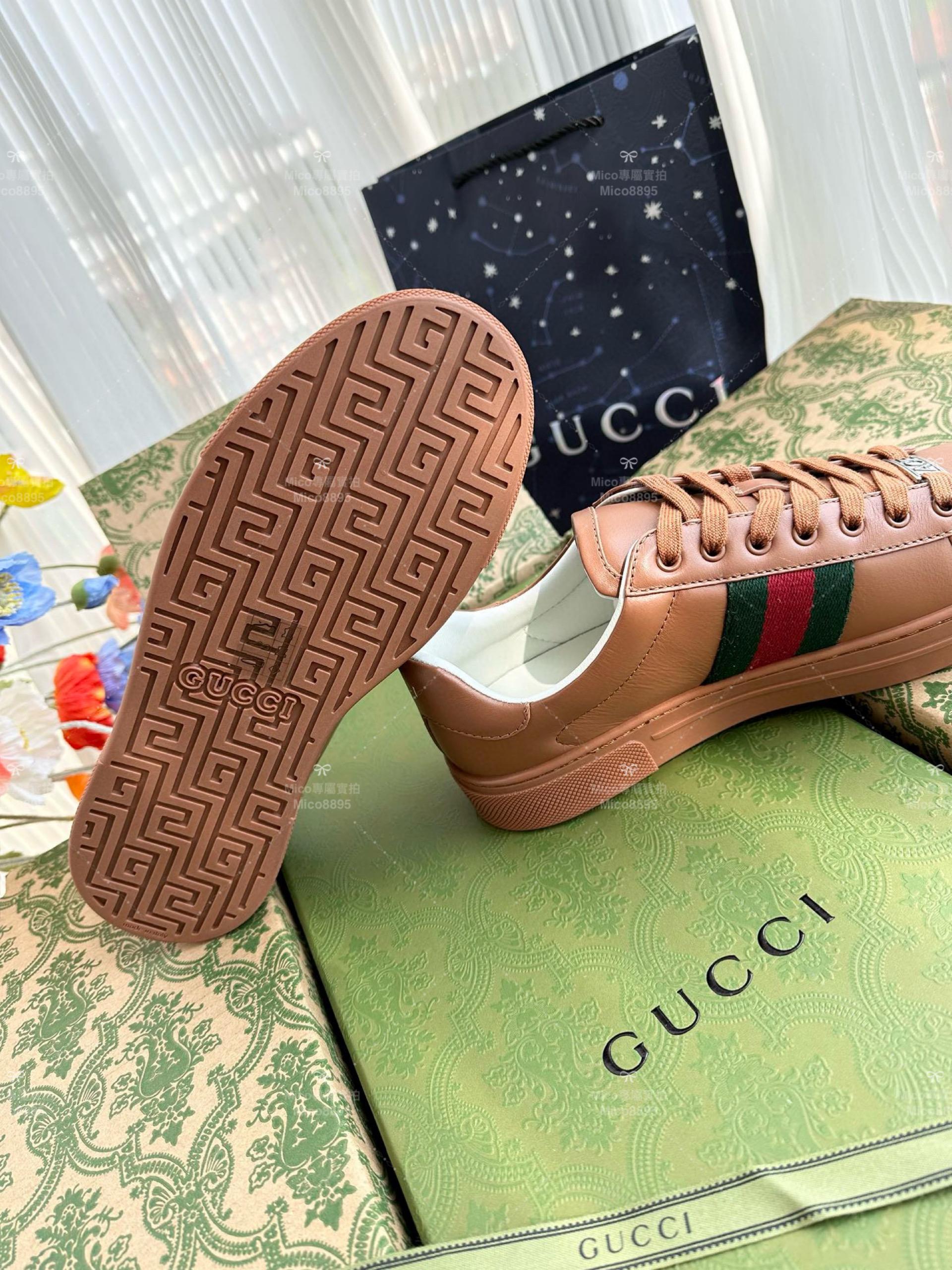 GUCCI ACE系列 全皮棕色 休閒鞋 情侶款/男鞋/女鞋/SIZE：女款35-40 男款39-45  