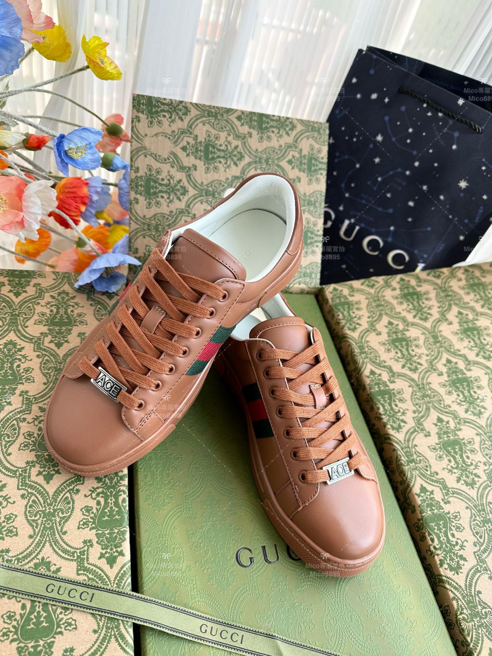 GUCCI ACE系列 全皮棕色 休閒鞋 情侶款/男鞋/女鞋/SIZE：女款35-40 男款39-45  