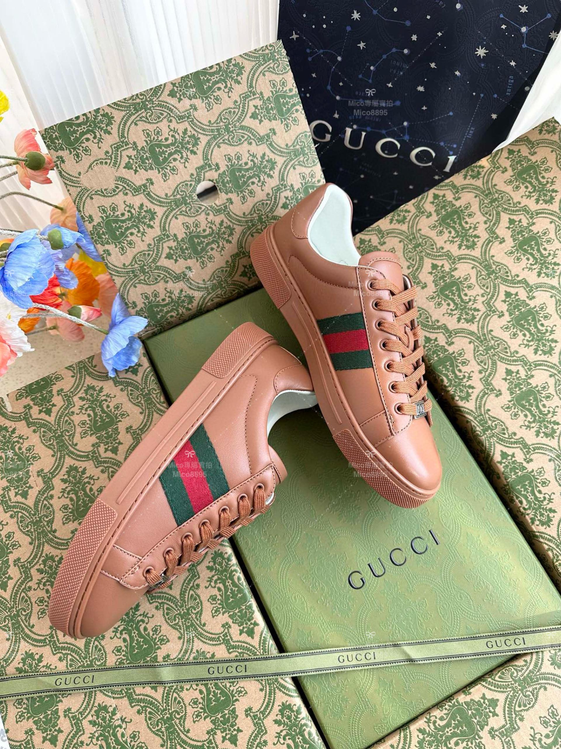 GUCCI ACE系列 全皮棕色 休閒鞋 情侶款/男鞋/女鞋/SIZE：女款35-40 男款39-45  