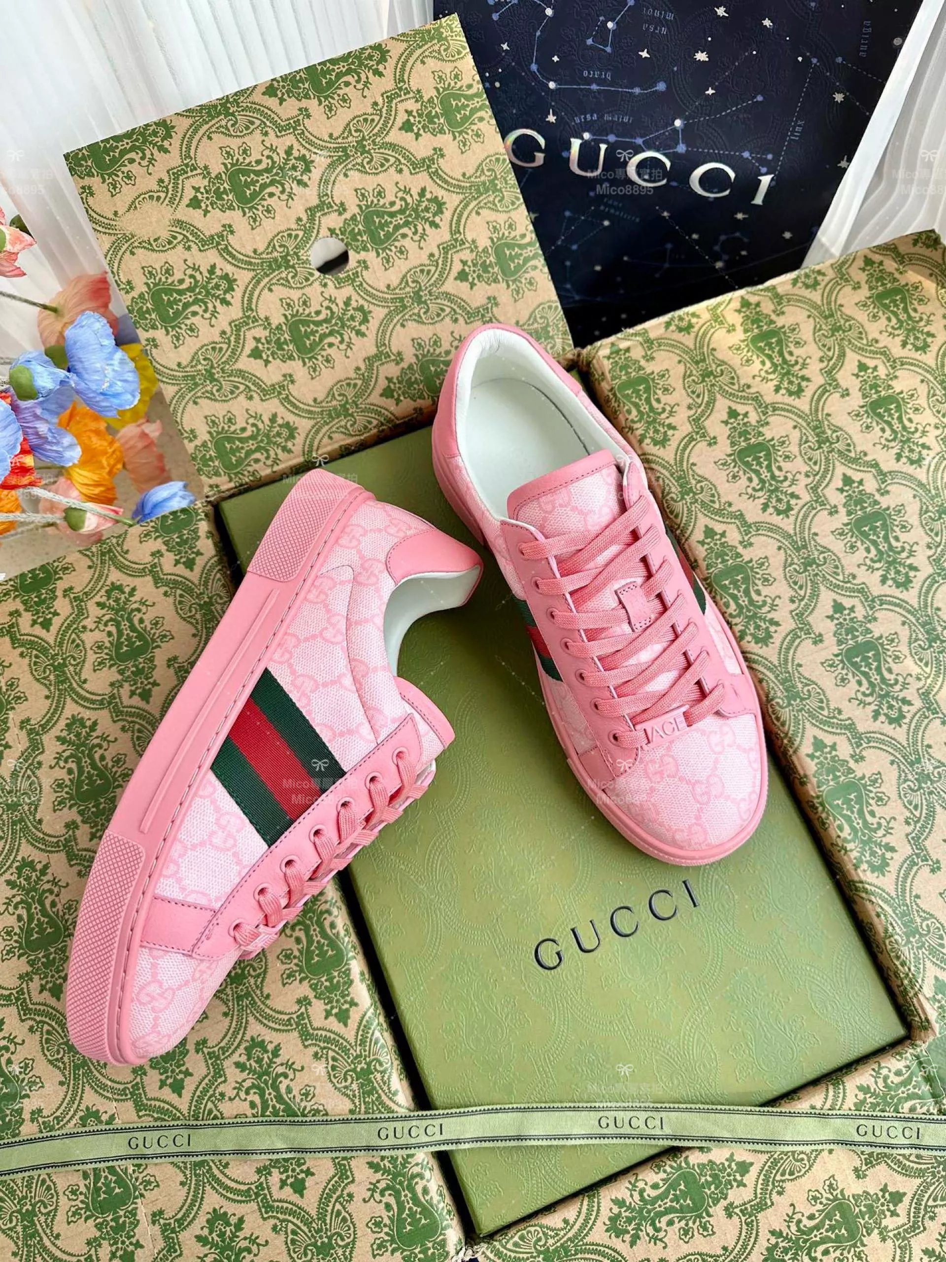 GUCCI ACE系列 粉底老花GG 休閒鞋 情侶款/男鞋/女鞋/SIZE：女款35-40 男款39-45  