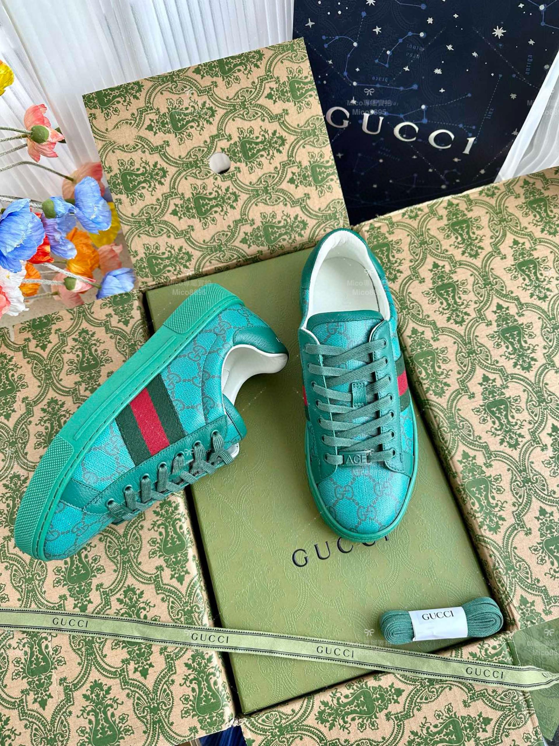 GUCCI ACE系列 綠底老花GG 休閒鞋 情侶款/男鞋/女鞋/SIZE：女款35-40 男款39-45  