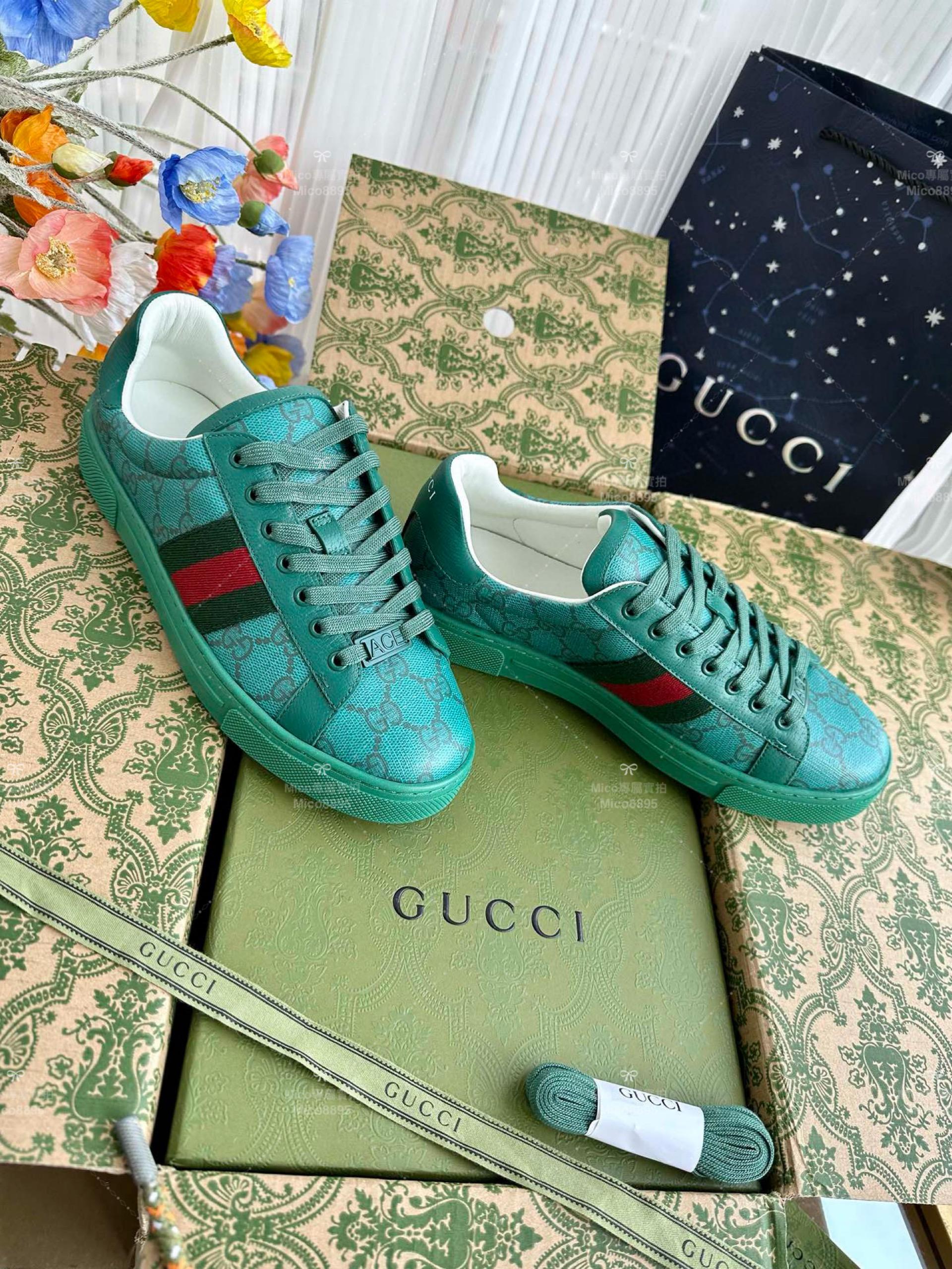 GUCCI ACE系列 綠底老花GG 休閒鞋 情侶款/男鞋/女鞋/SIZE：女款35-40 男款39-45  