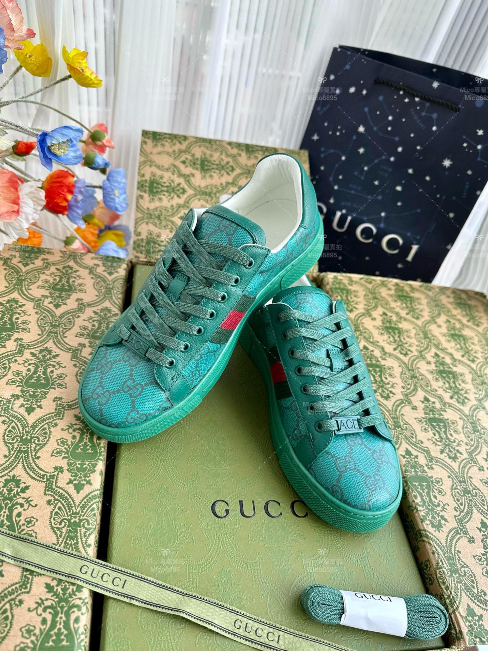 GUCCI ACE系列 綠底老花GG 休閒鞋 情侶款/男鞋/女鞋/SIZE：女款35-40 男款39-45  