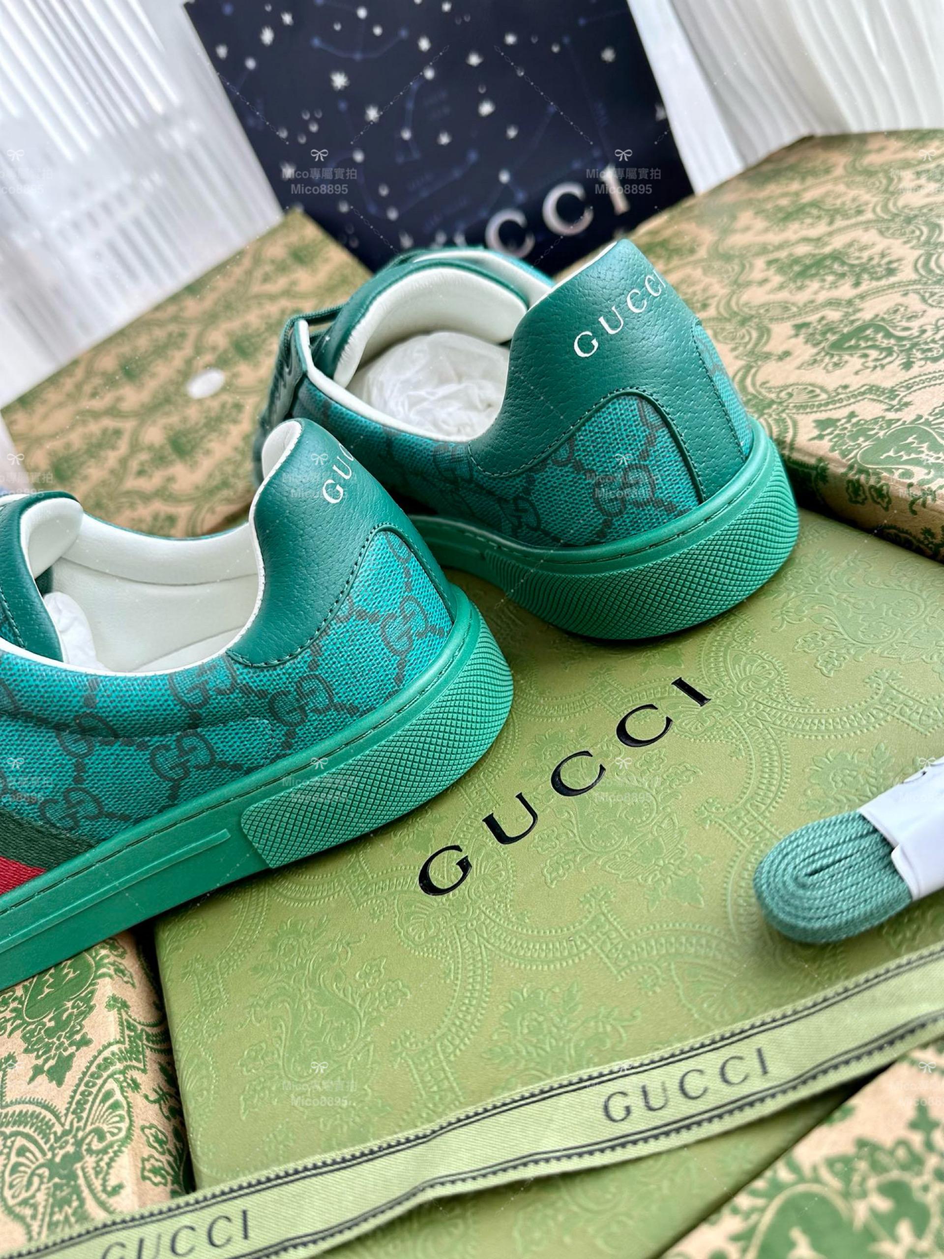 GUCCI ACE系列 綠底老花GG 休閒鞋 情侶款/男鞋/女鞋/SIZE：女款35-40 男款39-45  