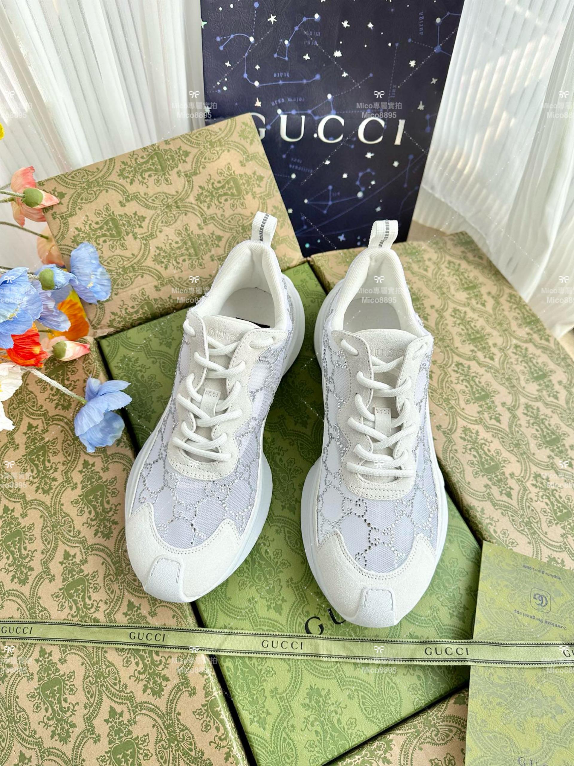 GUCCI Run系列運動鞋 白色 水晶網紗休閒運動鞋 2023秋冬系列休閒鞋 情侶款/男鞋/女鞋/SIZE：女款35-40 男款39-45  