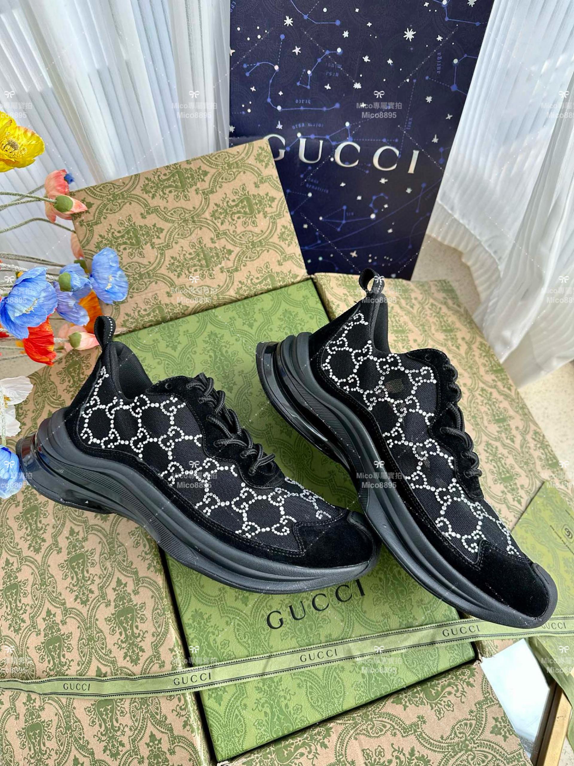 GUCCI Run系列運動鞋 黑色 透膚水晶網紗休閒運動鞋 2023秋冬系列休閒鞋 情侶款/男鞋/女鞋/SIZE：女款35-40 男款39-45  