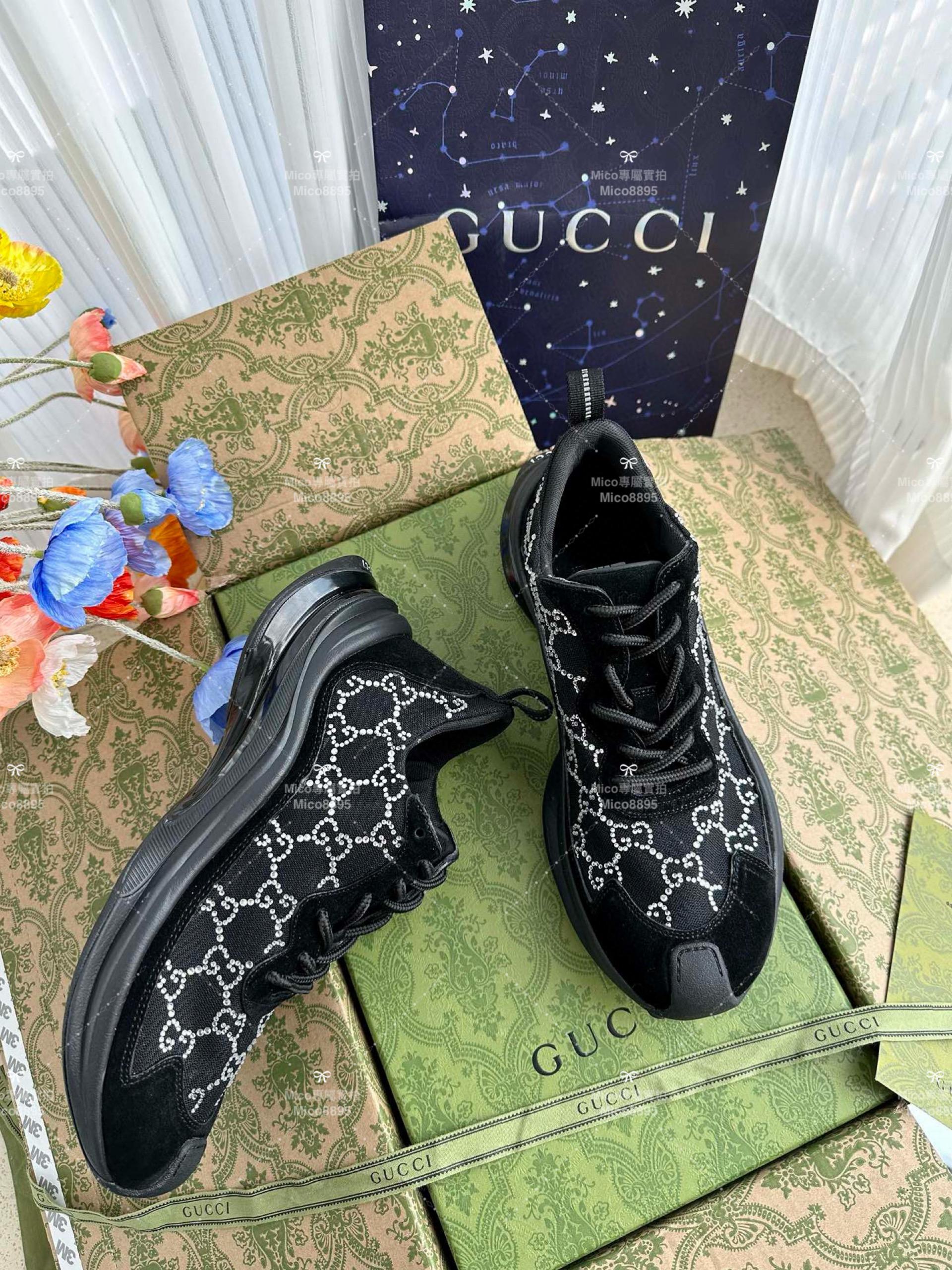 GUCCI Run系列運動鞋 黑色 透膚水晶網紗休閒運動鞋 2023秋冬系列休閒鞋 情侶款/男鞋/女鞋/SIZE：女款35-40 男款39-45  