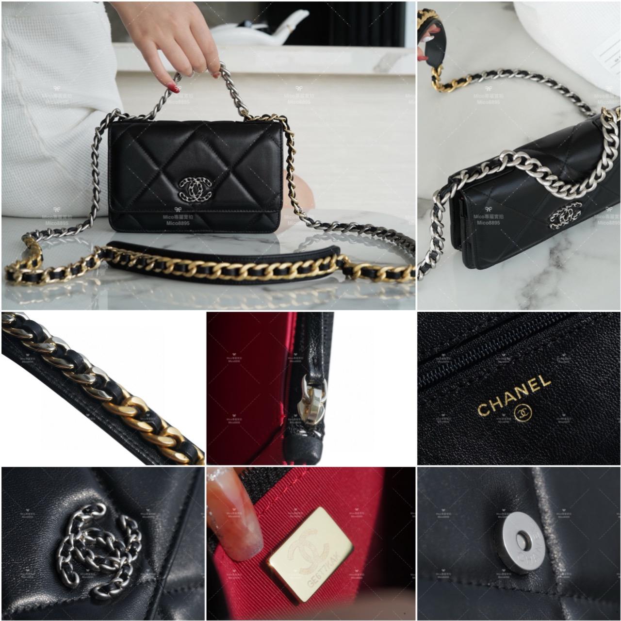 CHANEL 19系列 啞光銀拼接鏈條 19woc 黑色/小羊皮/銀釦 19cm