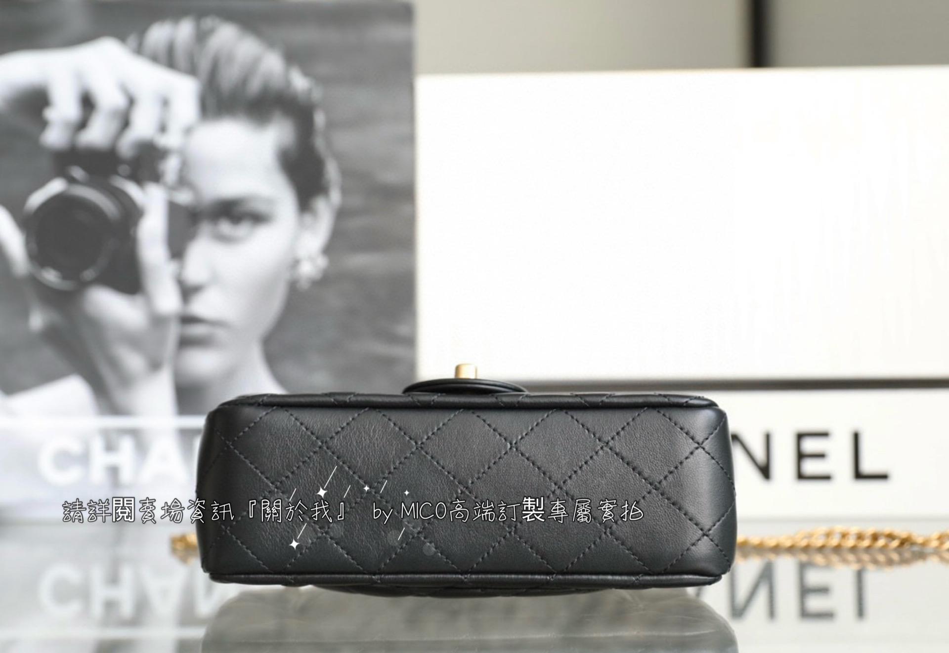 Chanel 23s 春夏系列 山茶花調節釦 大𝗆𝗂𝗇𝗂CF 黑色/小羊皮口蓋包 20cm