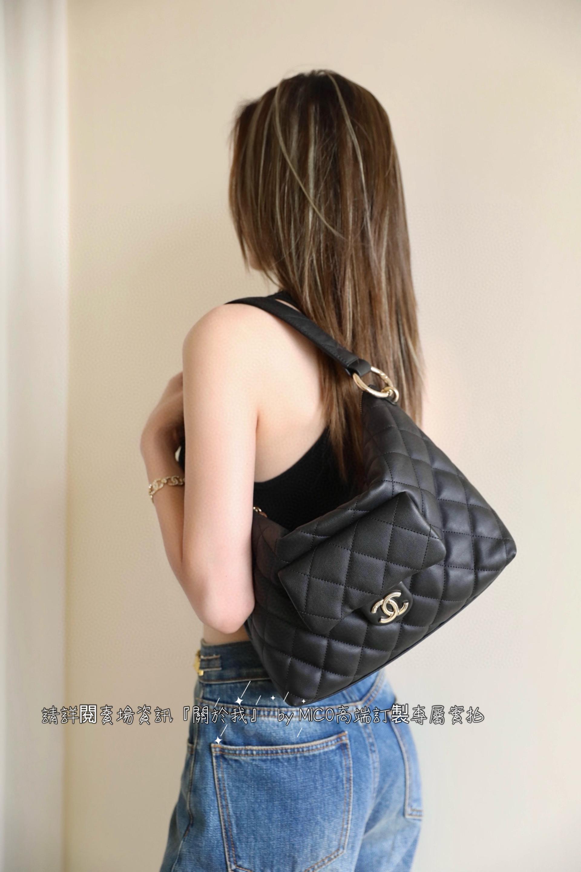 Chanel 23B HOBO嬉皮包 黑色/牛皮餃子包 通勤包 媽媽包 22.5cm