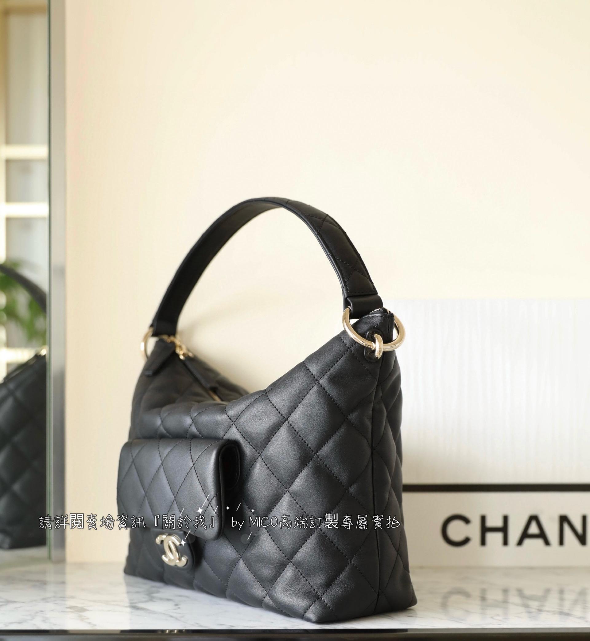 Chanel 23B HOBO嬉皮包 黑色/牛皮餃子包 通勤包 媽媽包 22.5cm