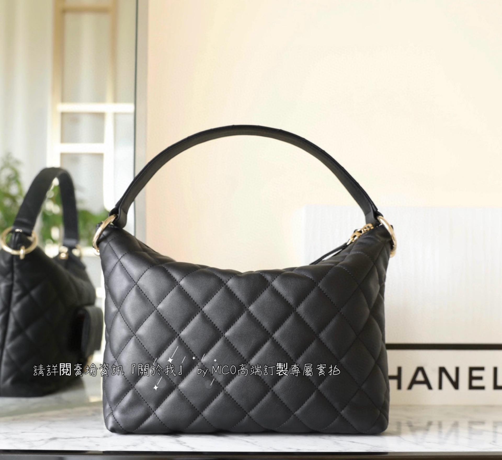 Chanel 23B HOBO嬉皮包 黑色/牛皮餃子包 通勤包 媽媽包 22.5cm