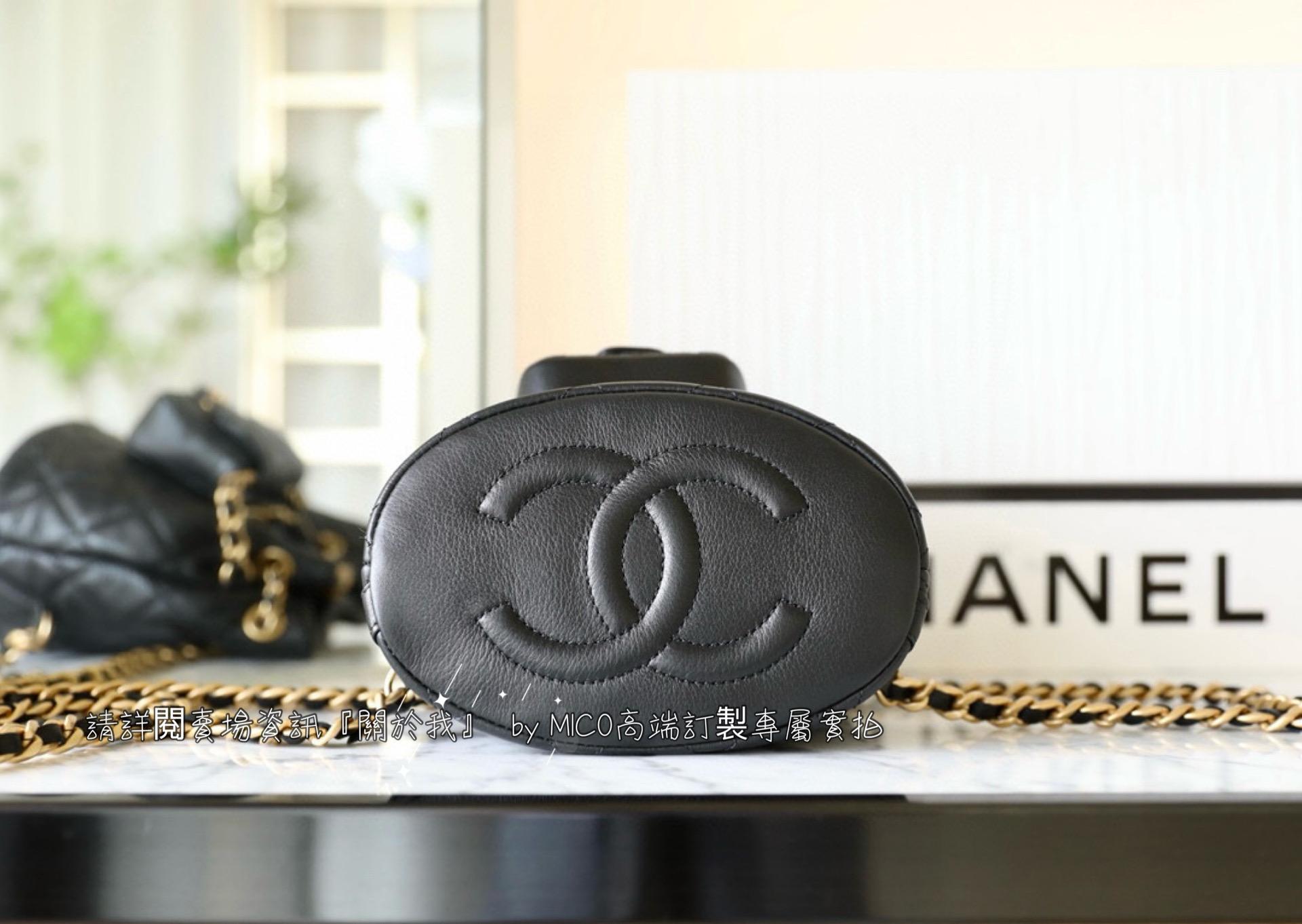 Chanel 23A手工坊系列 黑色小牛皮子母雙肩包/背包 16.5cm