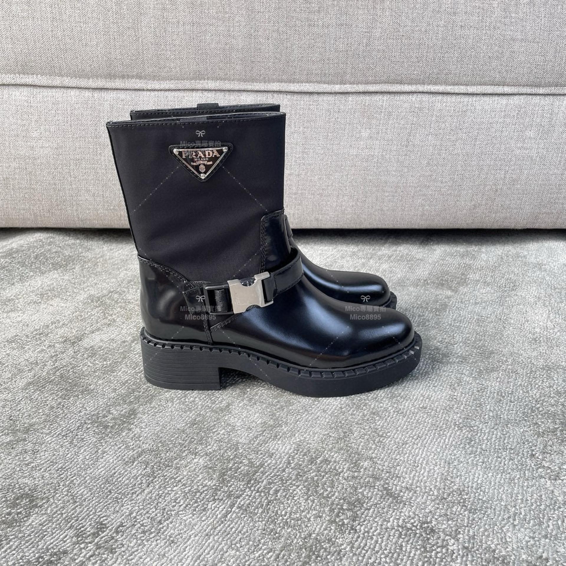 Prada 拼接尼龍黑色短靴 皮帶鋼釦 非常帥氣 35-40