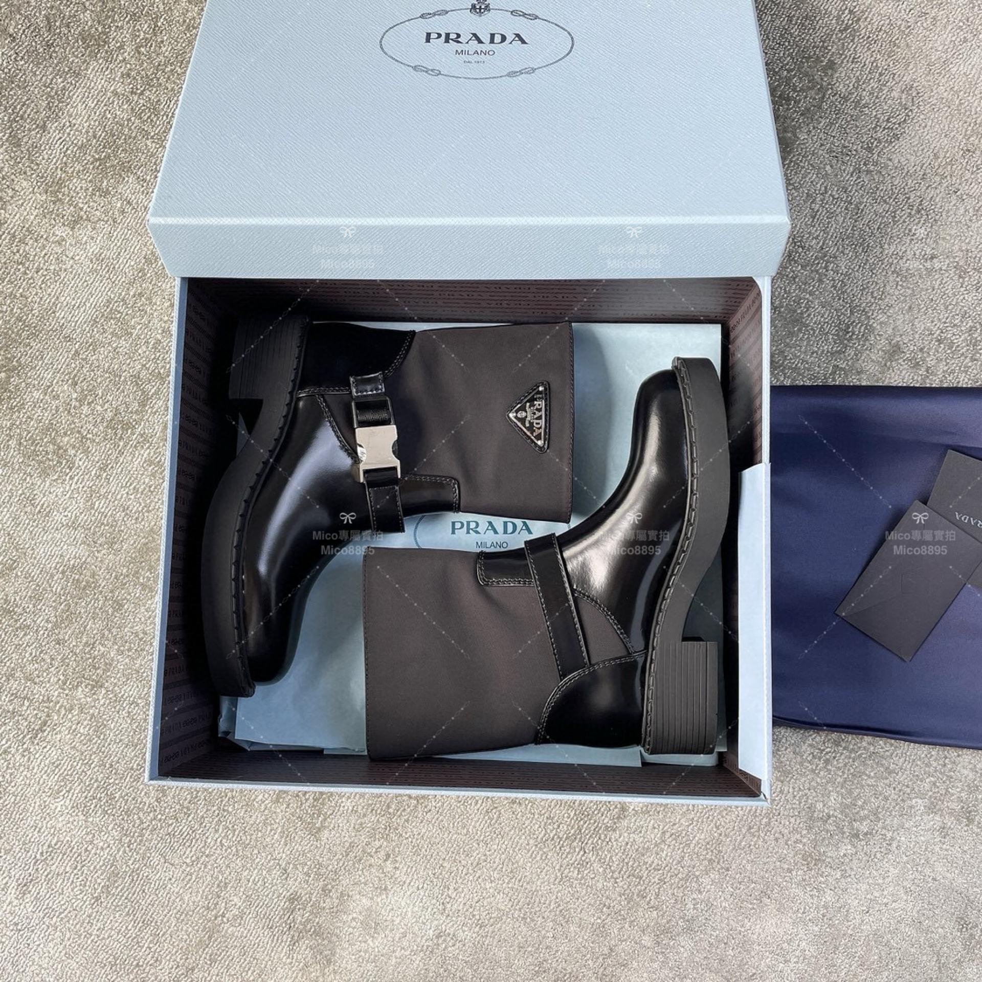 Prada 拼接尼龍黑色短靴 皮帶鋼釦 非常帥氣 35-40