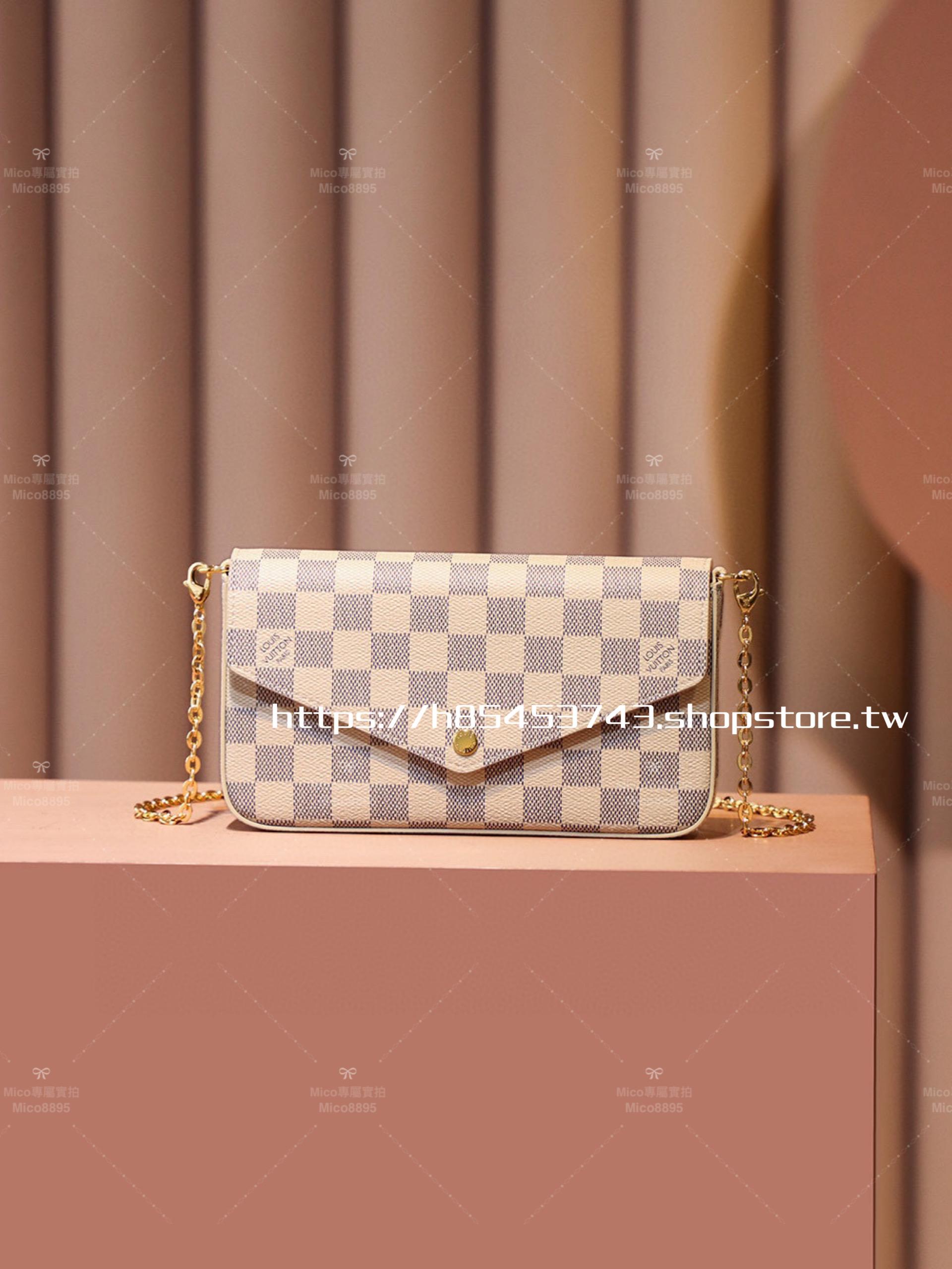 LV 經典款 三合一鏈條肩背包 棋盤格白/粉 Pochette Felicia M61276 21cm