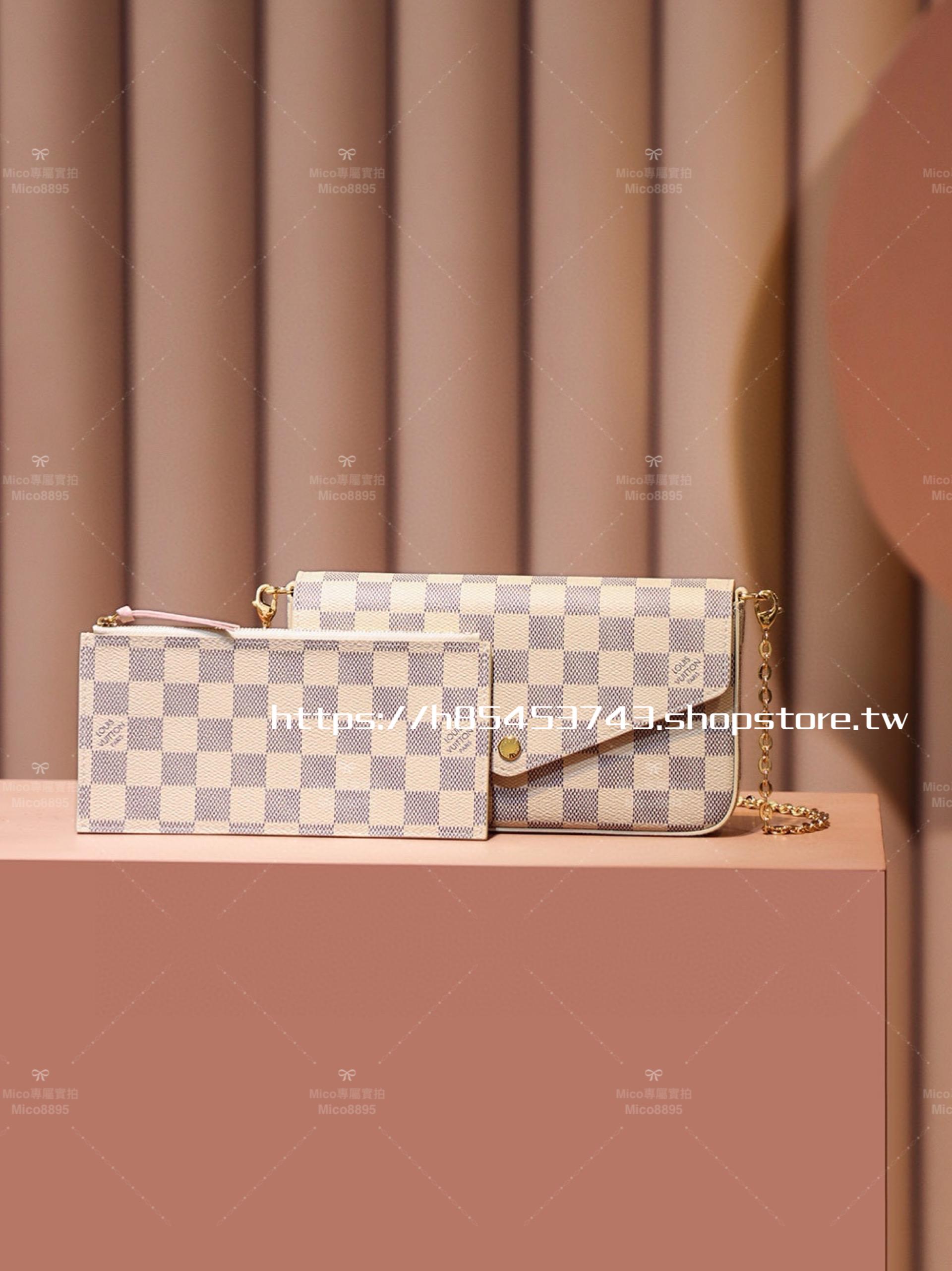 LV 經典款 三合一鏈條肩背包 棋盤格白/粉 Pochette Felicia M61276 21cm