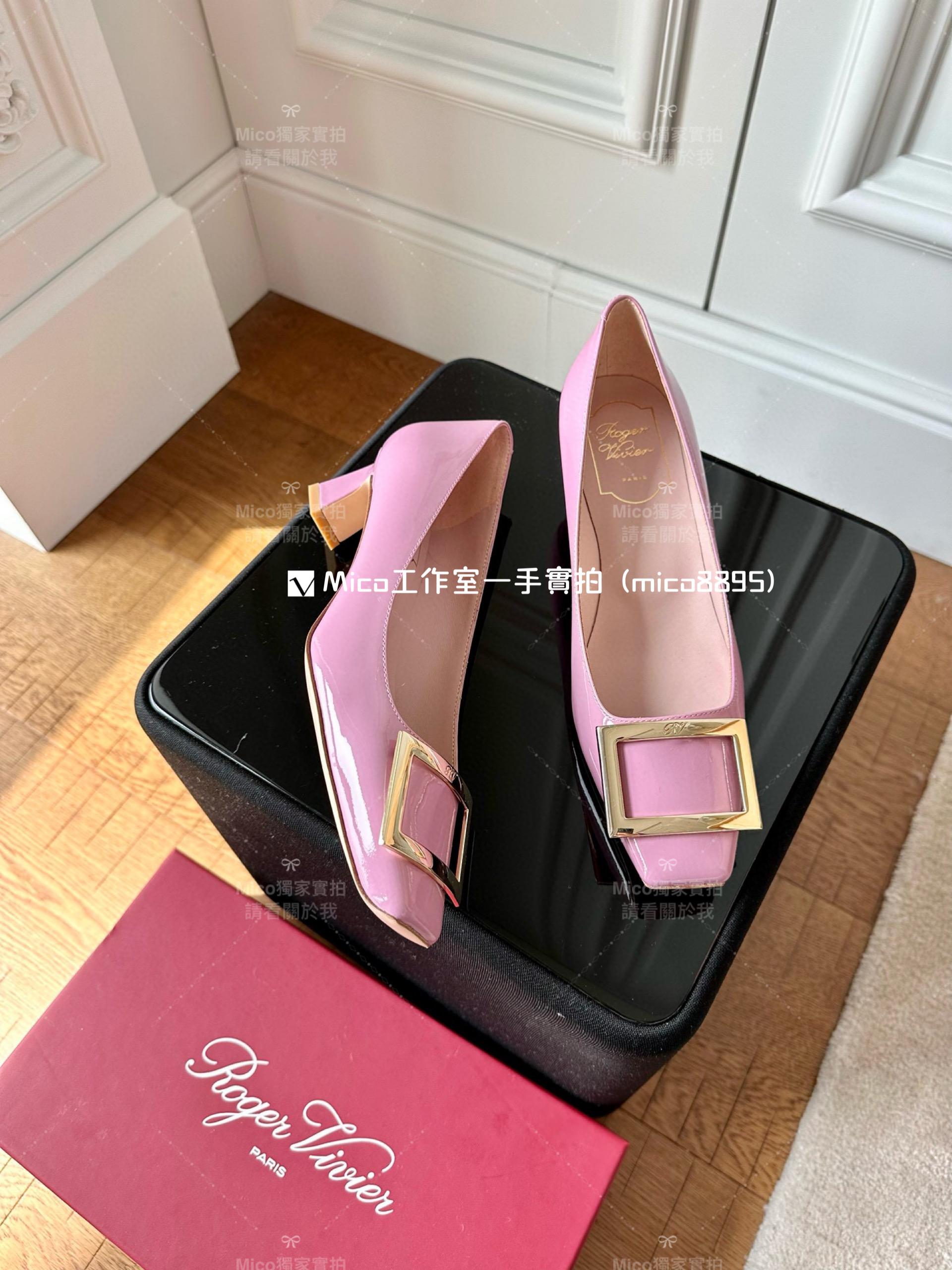 Roger vivier 玫瑰粉/經典款中跟 喇叭跟 漆皮高跟鞋 跟高4.5cm 碼數35-39