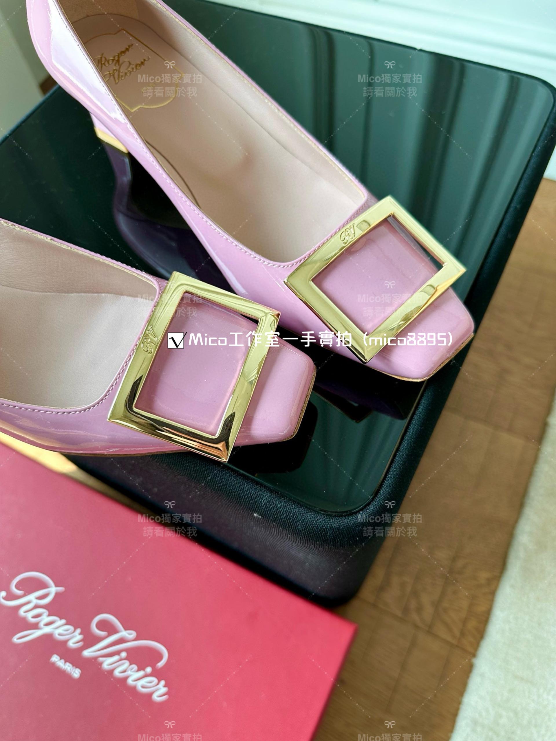 Roger vivier 玫瑰粉/經典款中跟 喇叭跟 漆皮高跟鞋 跟高4.5cm 碼數35-39