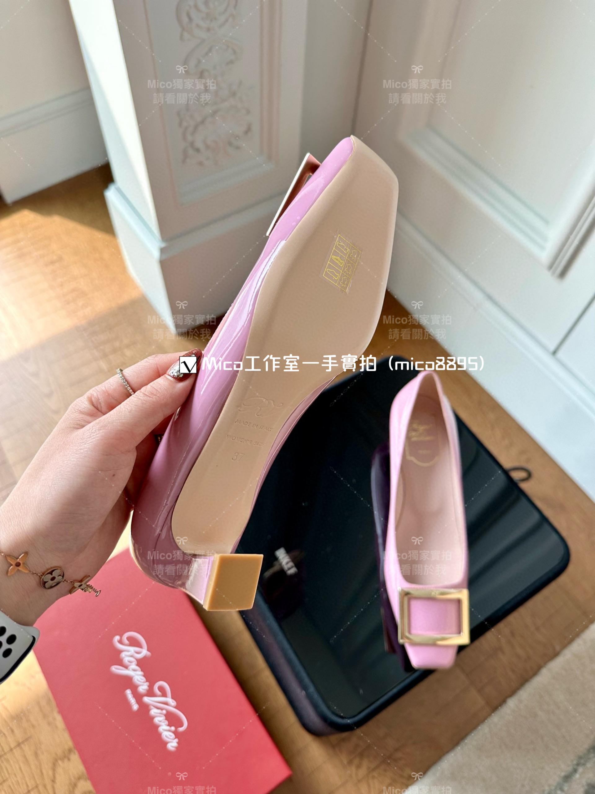 Roger vivier 玫瑰粉/經典款中跟 喇叭跟 漆皮高跟鞋 跟高4.5cm 碼數35-39