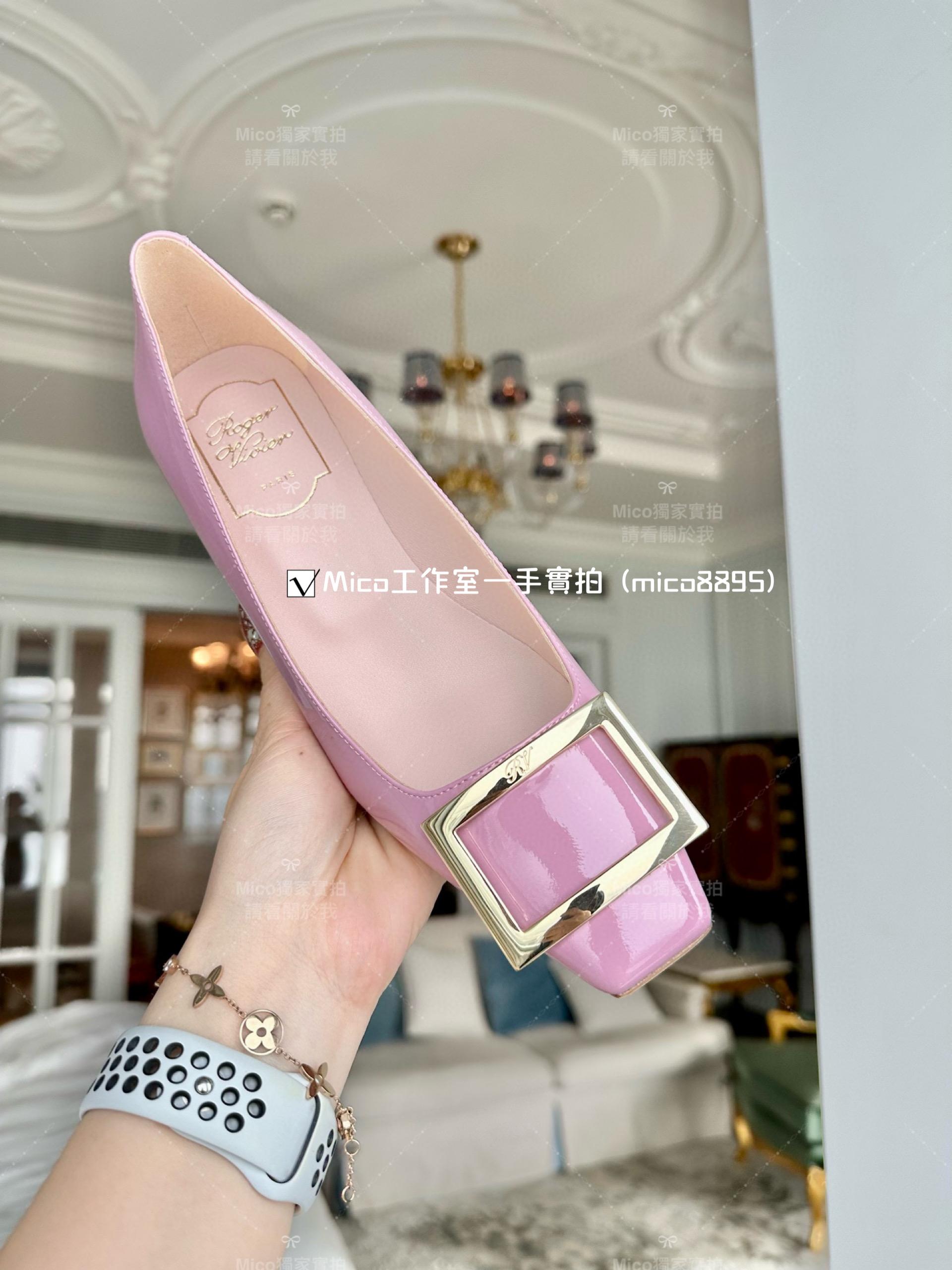 Roger vivier 玫瑰粉/經典款中跟 喇叭跟 漆皮高跟鞋 跟高4.5cm 碼數35-39