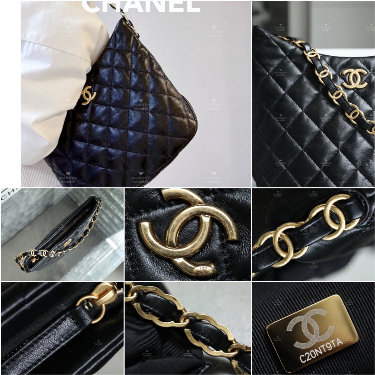 CHANEL 羊皮/黑色 大號 Hobo腋下包 雙𝐜鏈條嬉皮包 26*30cm