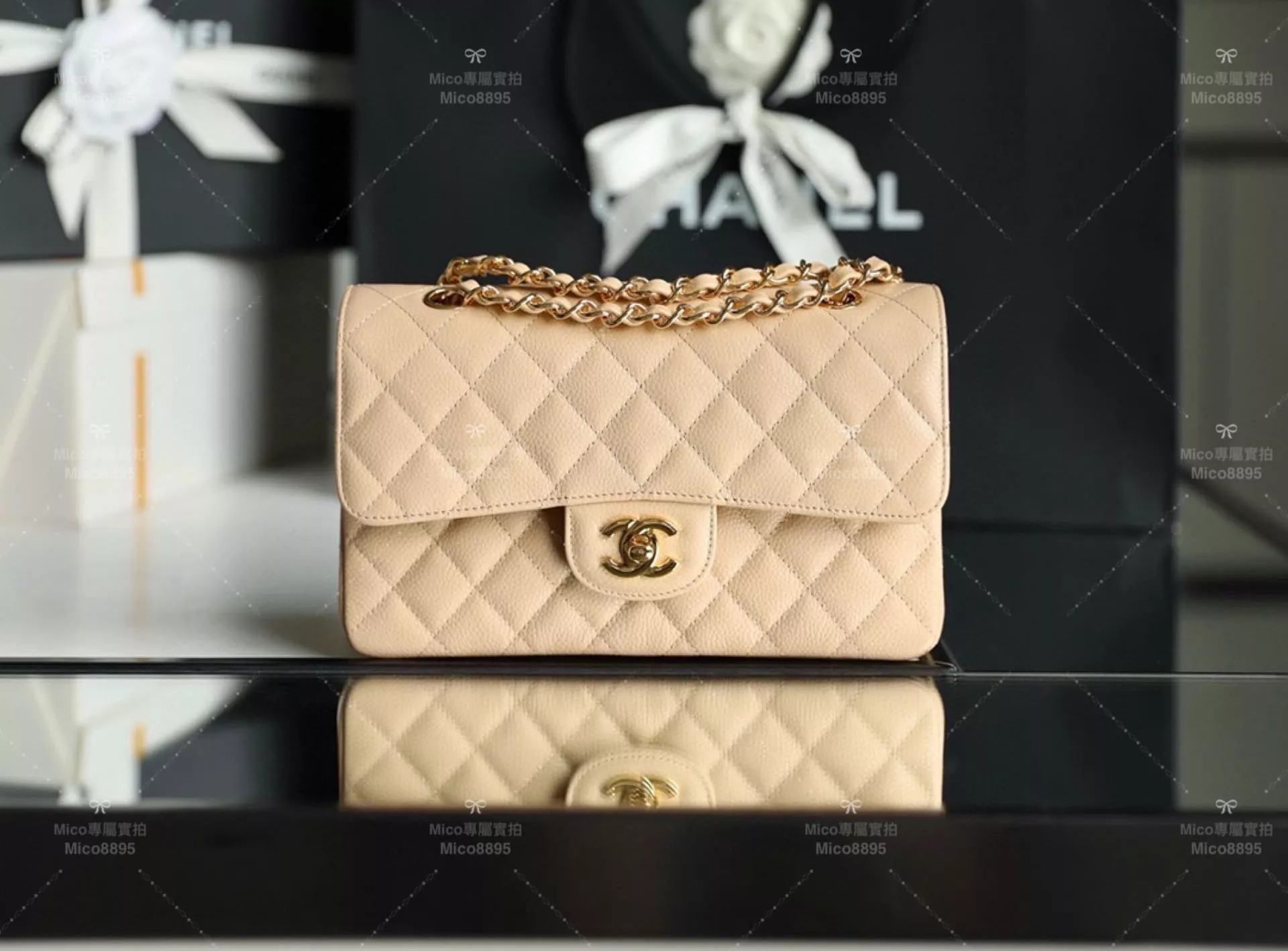 CHANEL 杏色荔枝牛皮/金釦 Clssic Flap Small小號 CF 經典口蓋包 23cm