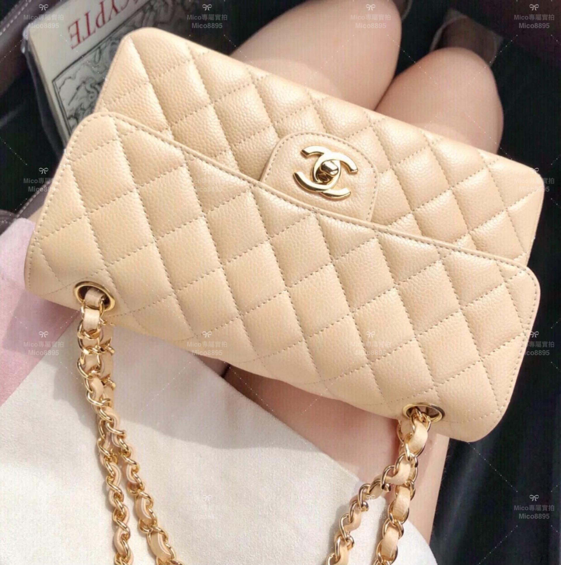 CHANEL 杏色荔枝牛皮/金釦 Clssic Flap Small小號 CF 經典口蓋包 23cm