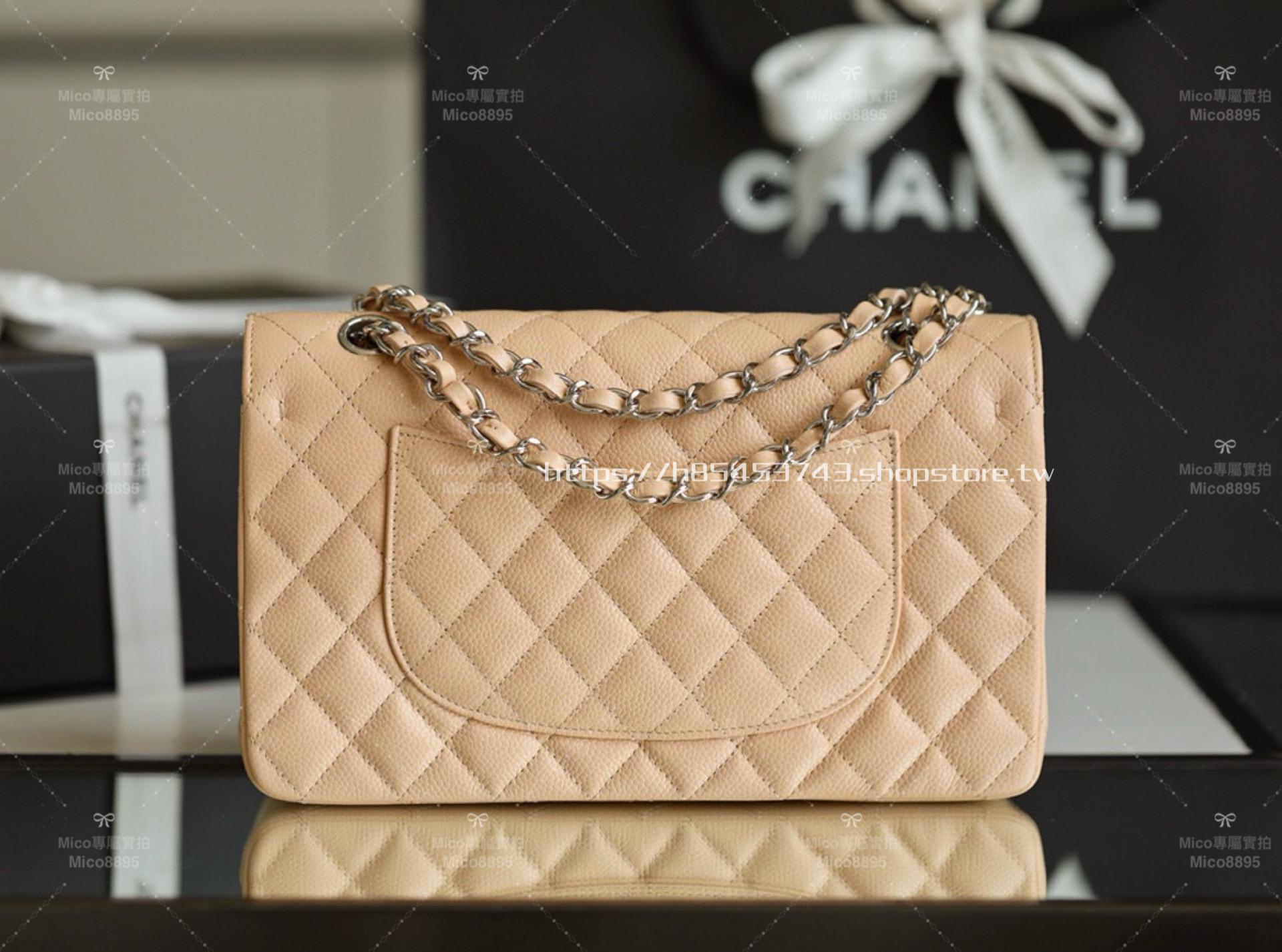 CHANEL 杏色荔枝牛皮/銀釦 Clssic Flap 中號CF 經典口蓋包 25cm