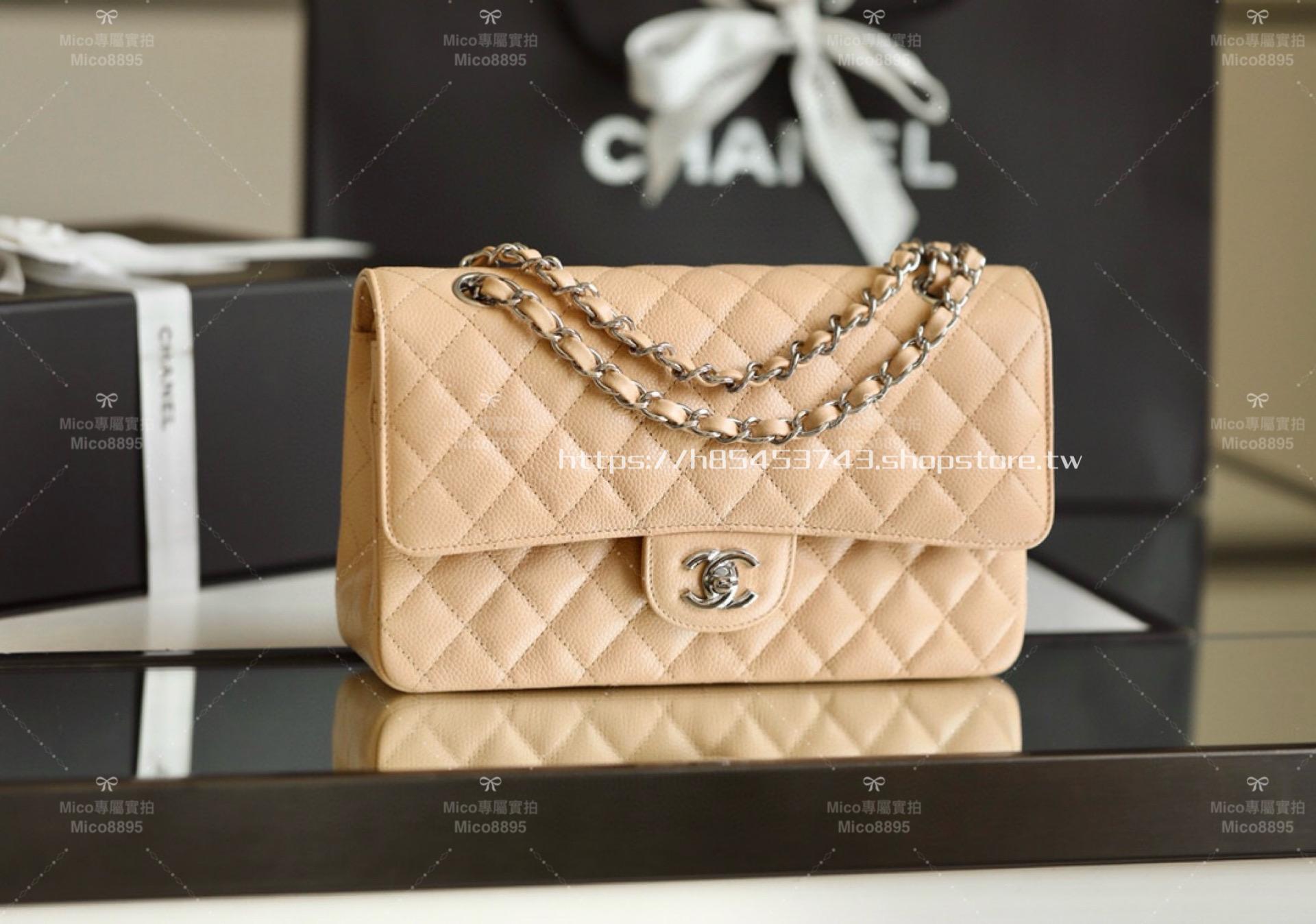 CHANEL 杏色荔枝牛皮/銀釦 Clssic Flap 中號CF 經典口蓋包 25cm