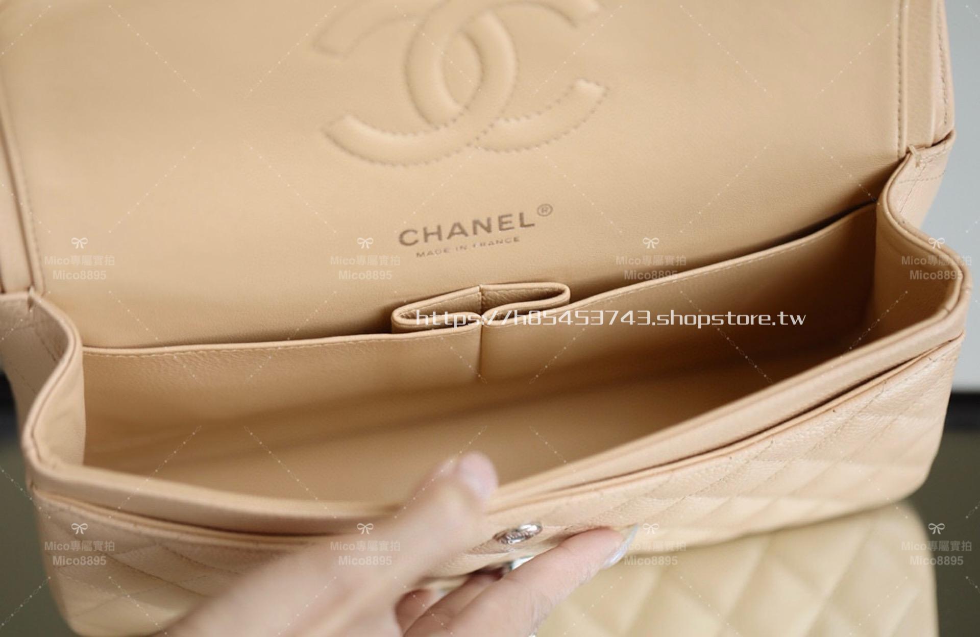 CHANEL 杏色荔枝牛皮/銀釦 Clssic Flap 中號CF 經典口蓋包 25cm