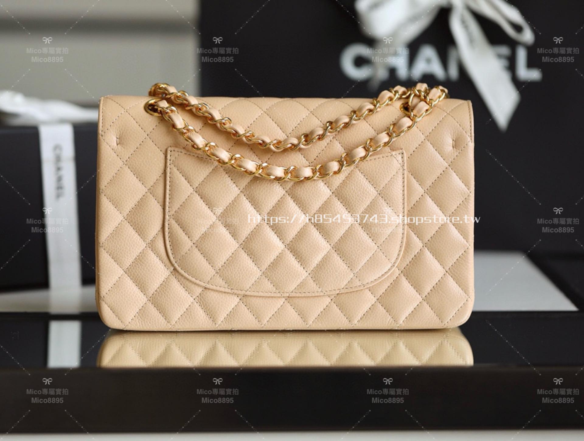 CHANEL 杏色荔枝牛皮/金釦 Clssic Flap 中號CF 經典口蓋包 25cm