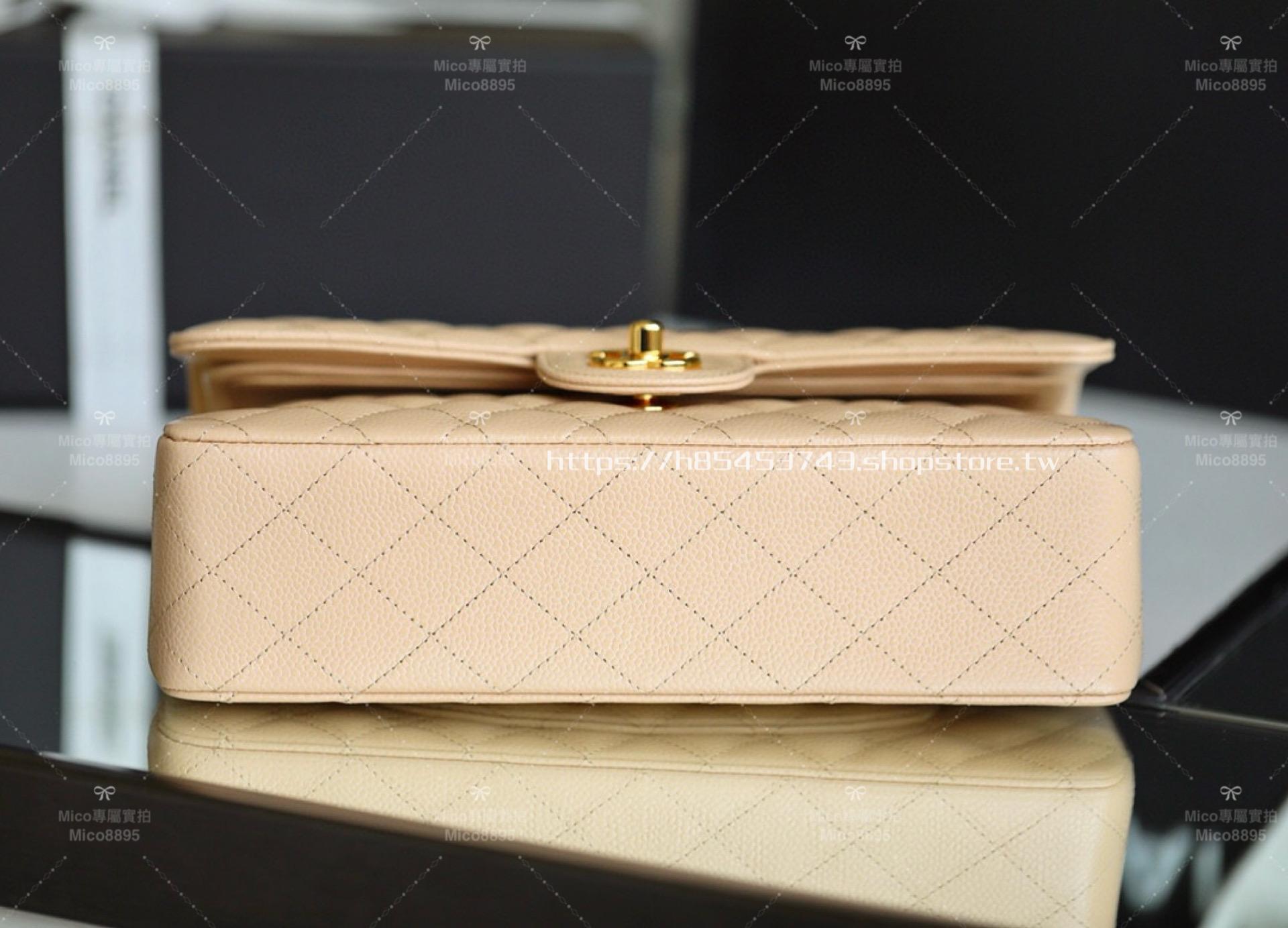 CHANEL 杏色荔枝牛皮/金釦 Clssic Flap 中號CF 經典口蓋包 25cm