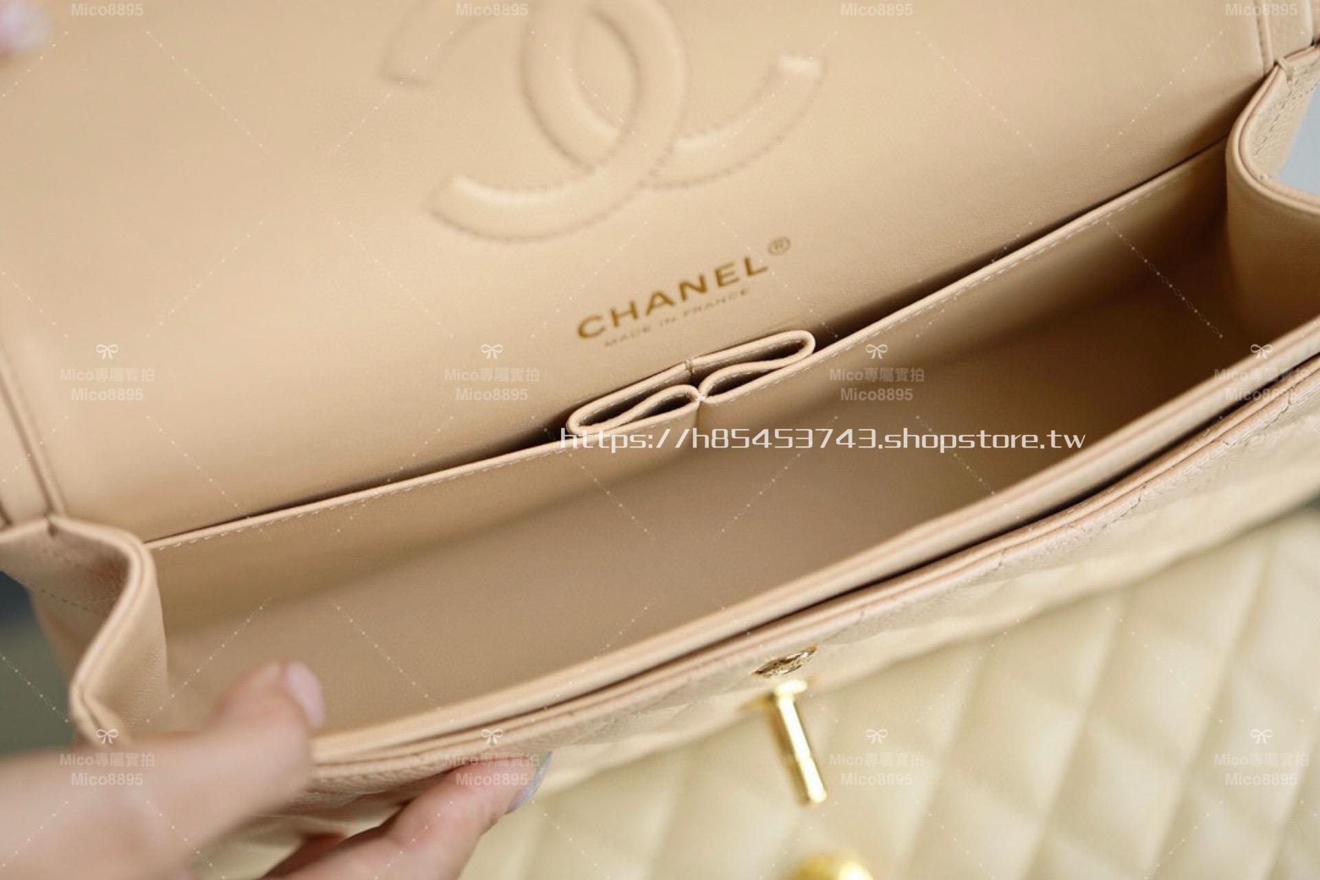 CHANEL 杏色荔枝牛皮/金釦 Clssic Flap 中號CF 經典口蓋包 25cm