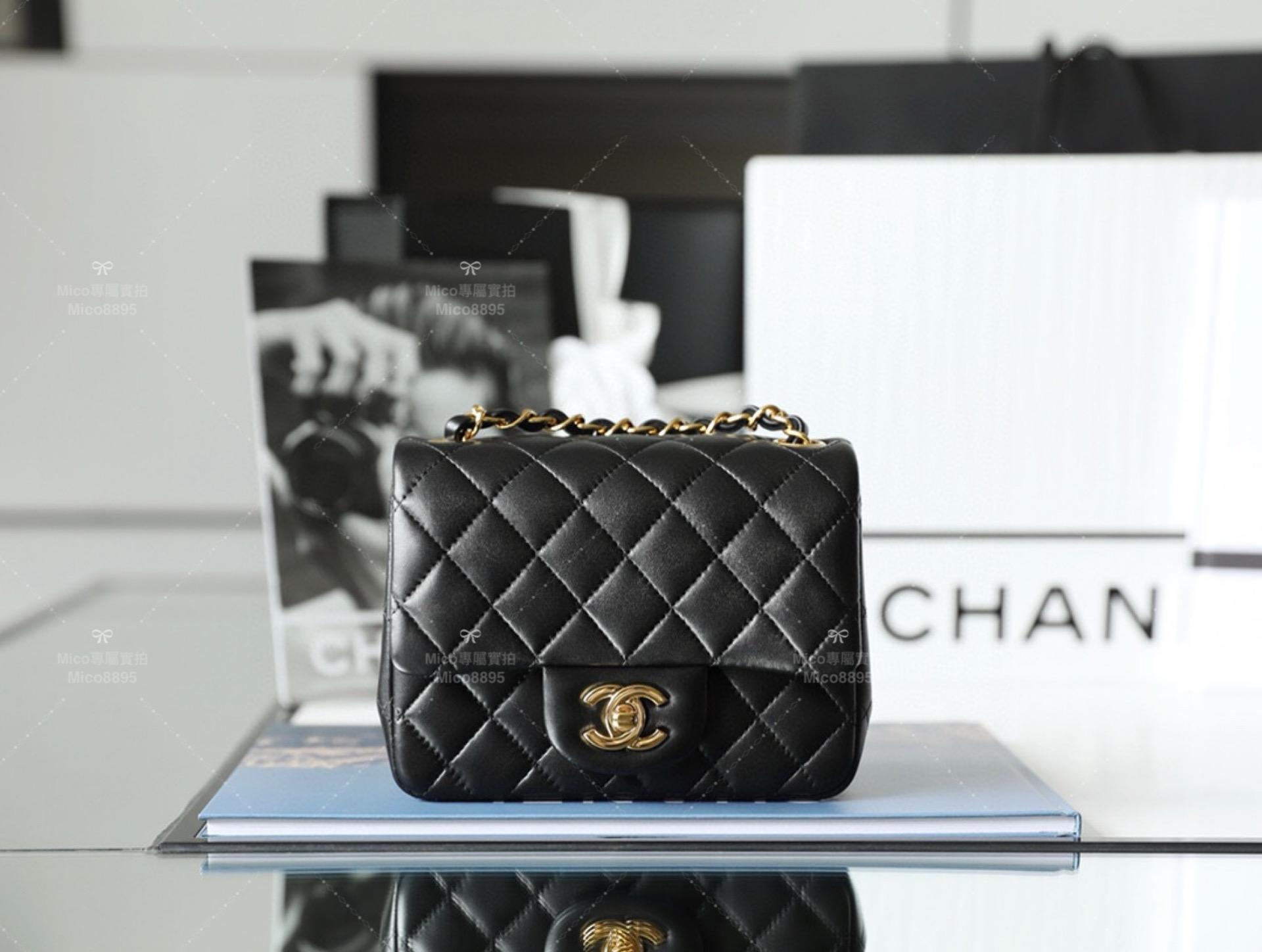 CHANEL 金釦/小羊皮/黑色 Classic Flap mini 方胖子