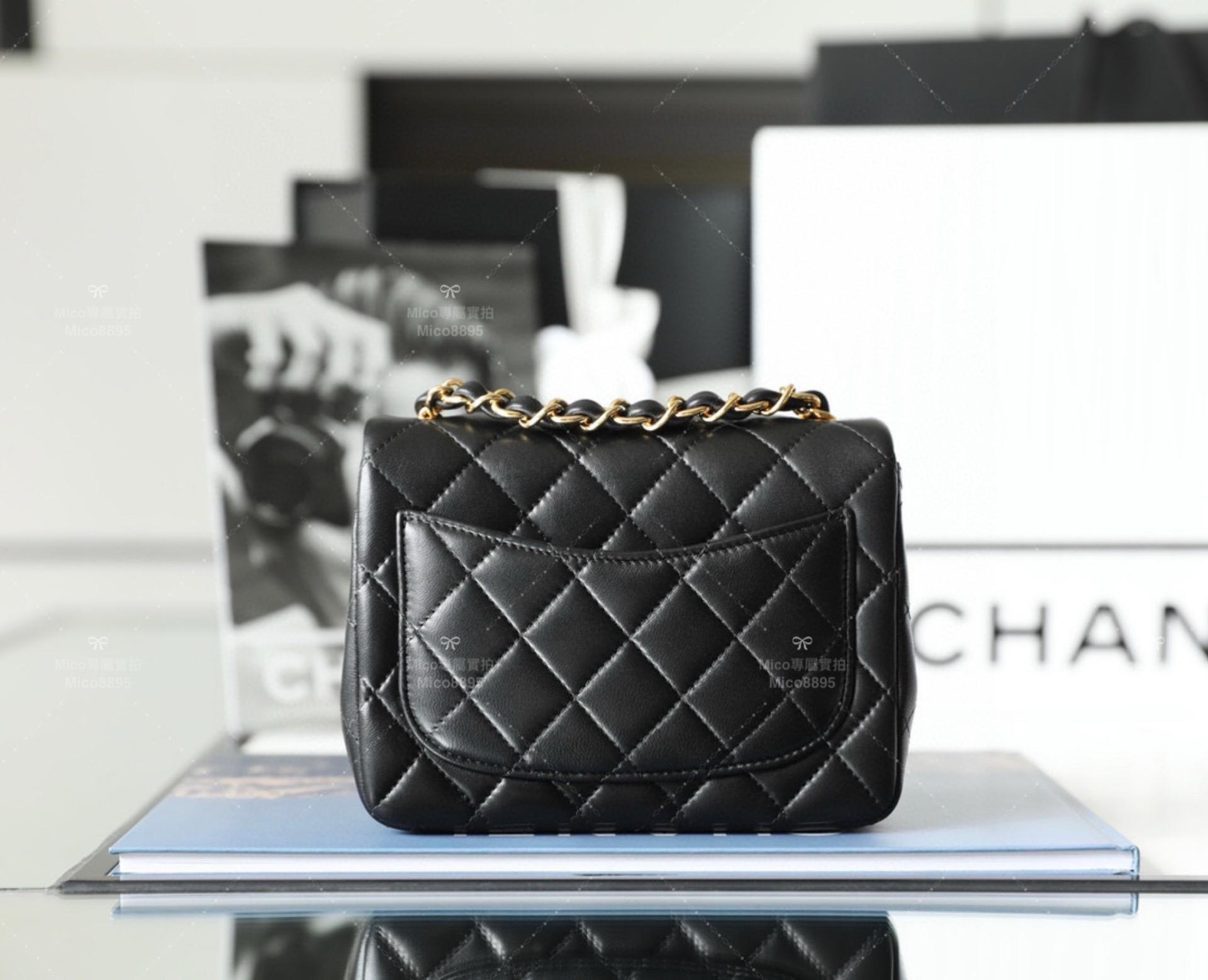 CHANEL 金釦/小羊皮/黑色 Classic Flap mini 方胖子