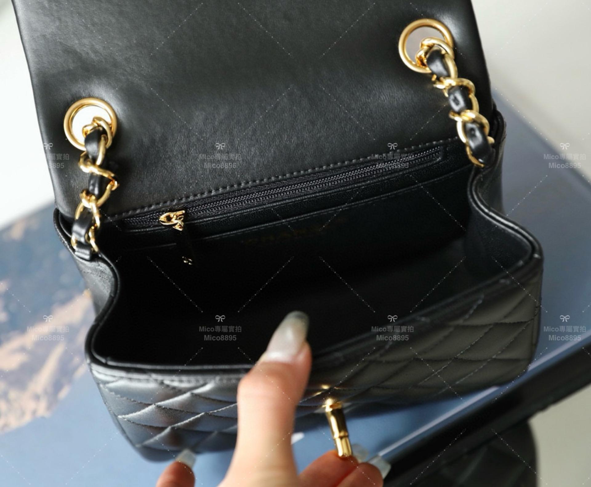 CHANEL 金釦/小羊皮/黑色 Classic Flap mini 方胖子