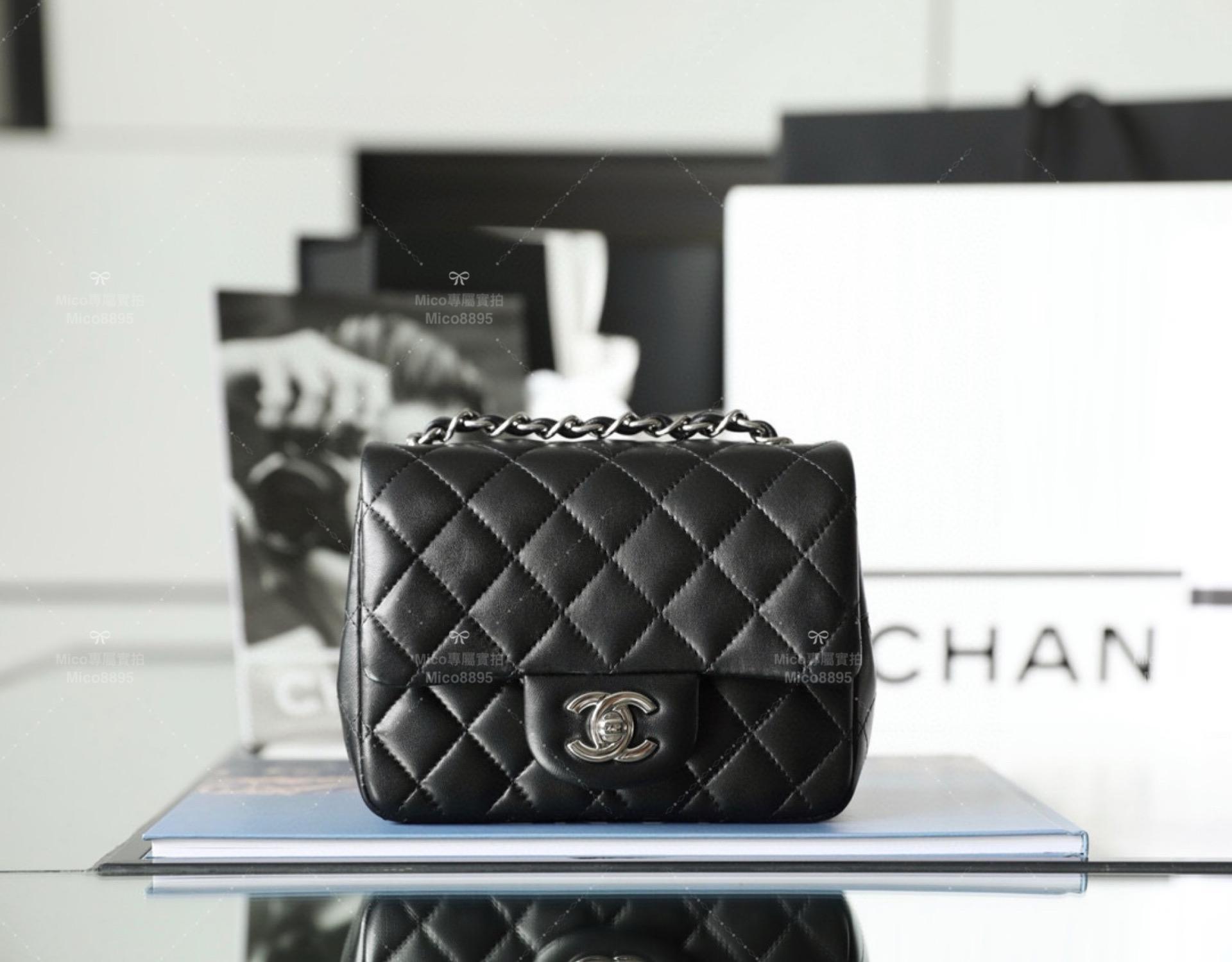 CHANEL 銀釦/小羊皮/黑色 Classic Flap mini 方胖子