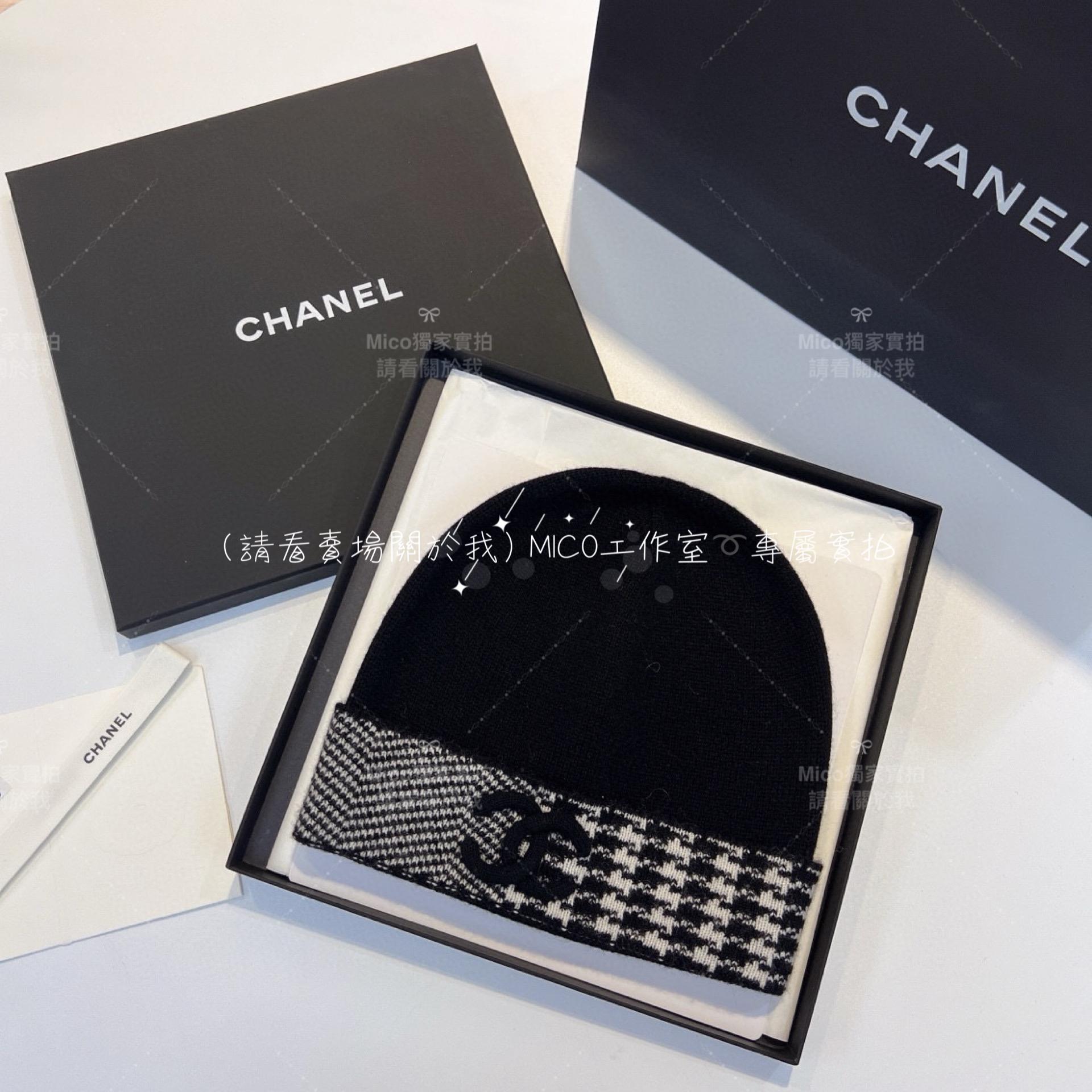 Chanel 22A季節款 千鳥格系列 黑色 山羊絨毛帽 均碼