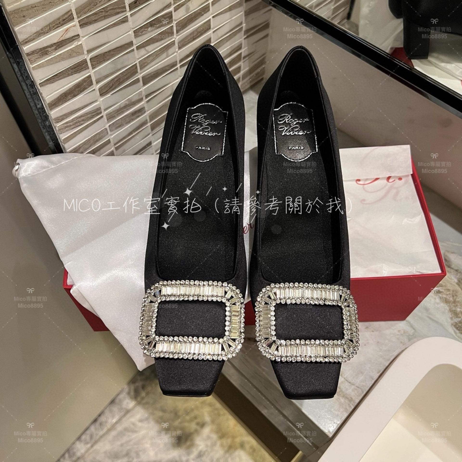 Roger Vivier 黑色真絲 RV 經典施華洛世奇水鑽方釦低跟鞋 跟鞋 35-39 4.5cm跟高