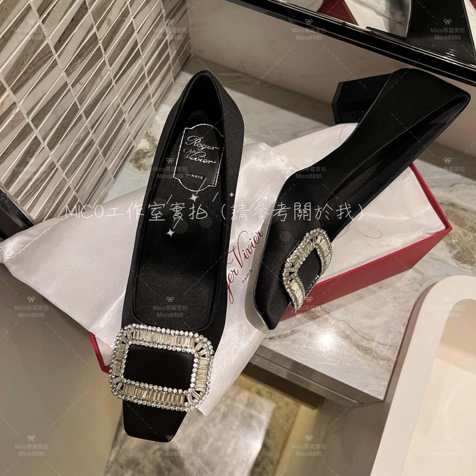 Roger Vivier 黑色真絲 RV 經典施華洛世奇水鑽方釦低跟鞋 跟鞋 35-39 4.5cm跟高