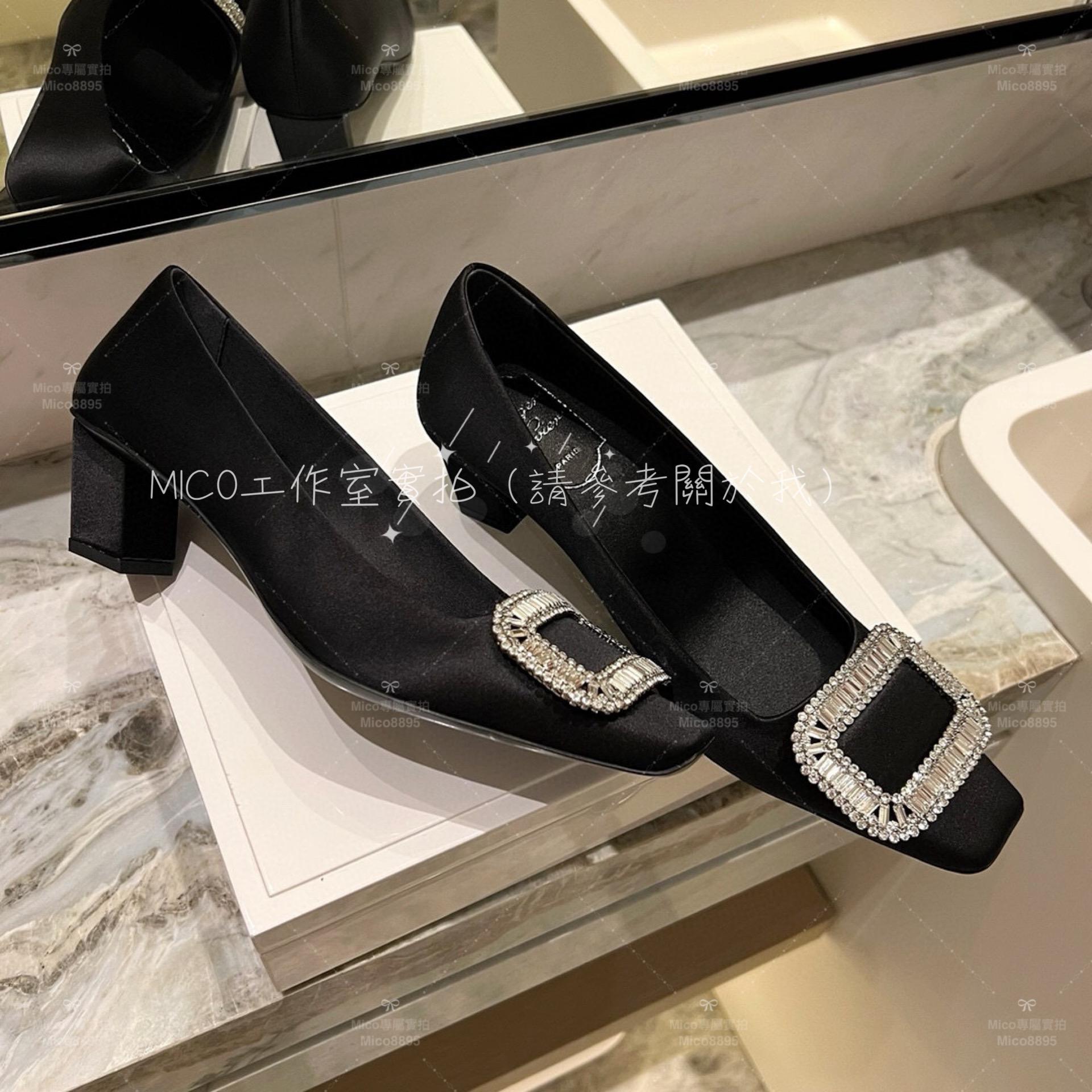 Roger Vivier 黑色真絲 RV 經典施華洛世奇水鑽方釦低跟鞋 跟鞋 35-39 4.5cm跟高