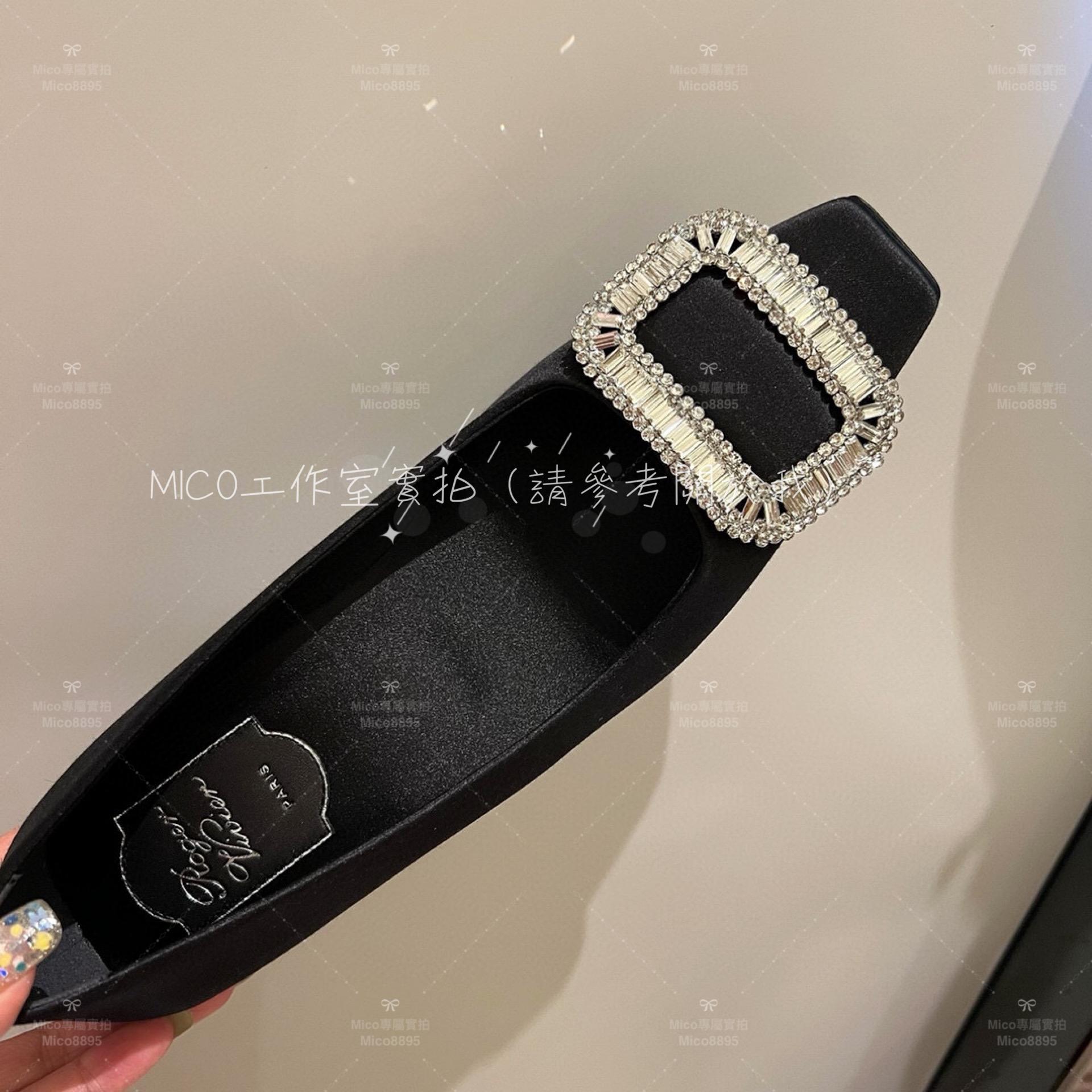 Roger Vivier 黑色真絲 RV 經典施華洛世奇水鑽方釦低跟鞋 跟鞋 35-39 4.5cm跟高