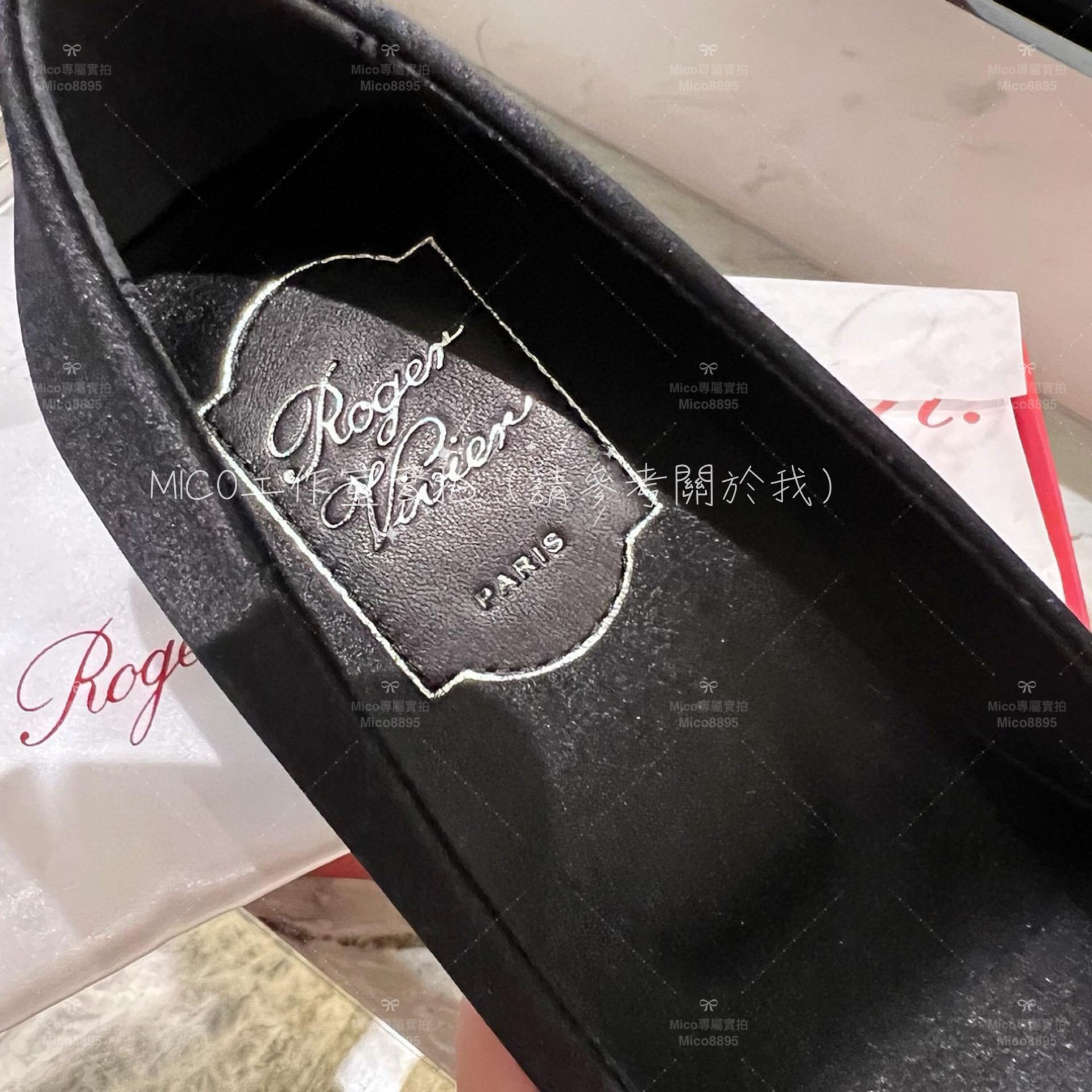 Roger Vivier 黑色真絲 RV 經典施華洛世奇水鑽方釦低跟鞋 跟鞋 35-39 4.5cm跟高