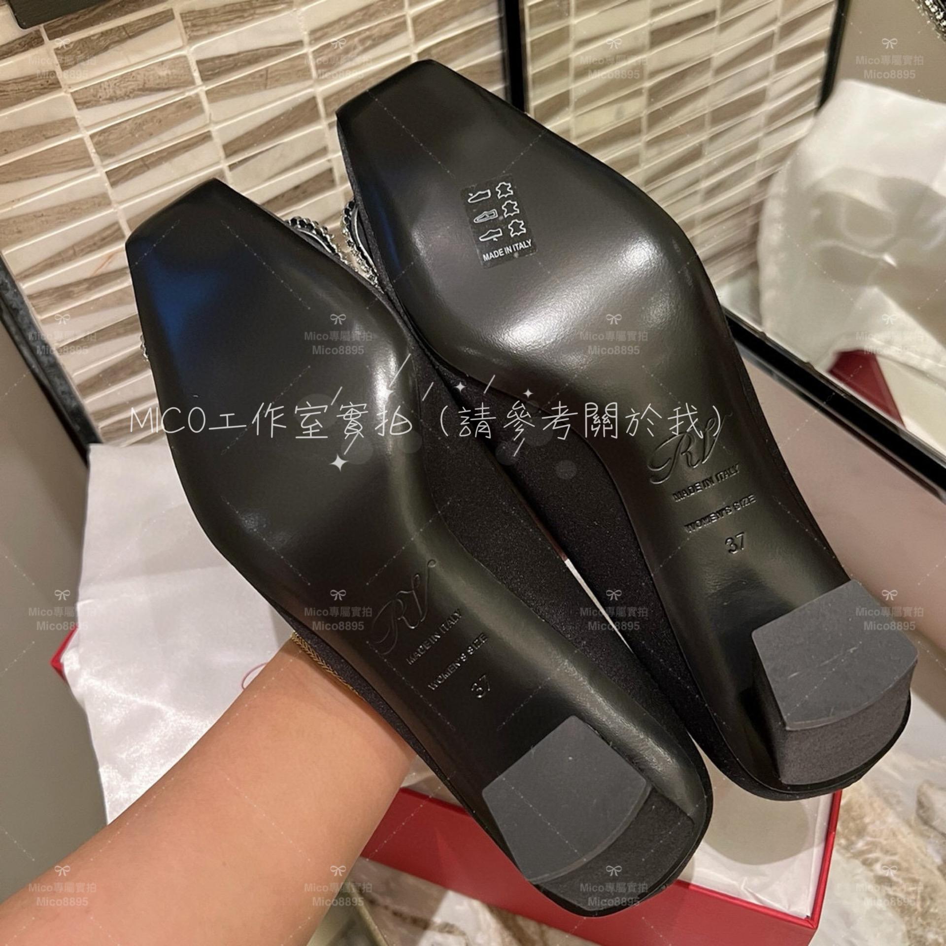 Roger Vivier 黑色真絲 RV 經典施華洛世奇水鑽方釦低跟鞋 跟鞋 35-39 4.5cm跟高