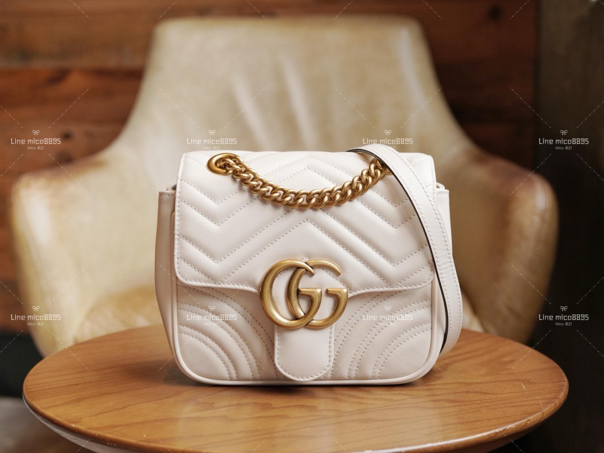 Gucci GG Marmont 白色 牛皮方胖子 斜跨包 18cm